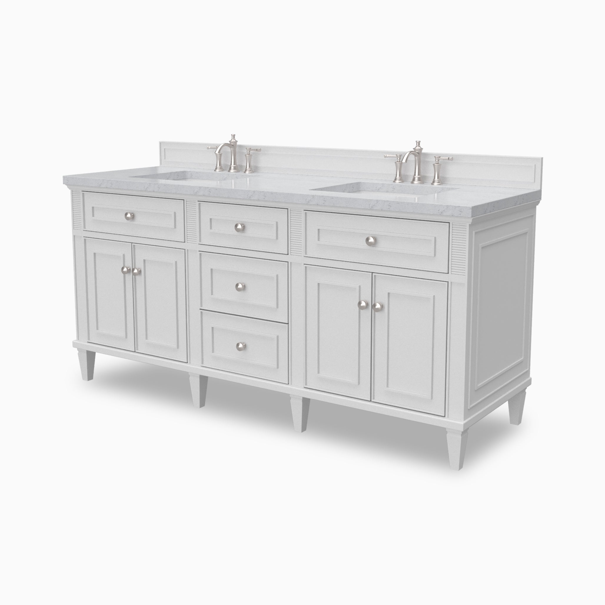 Elodie 72-inch double bathroom vanity in bright white with Carrara white marble countertop and chrome faucets.