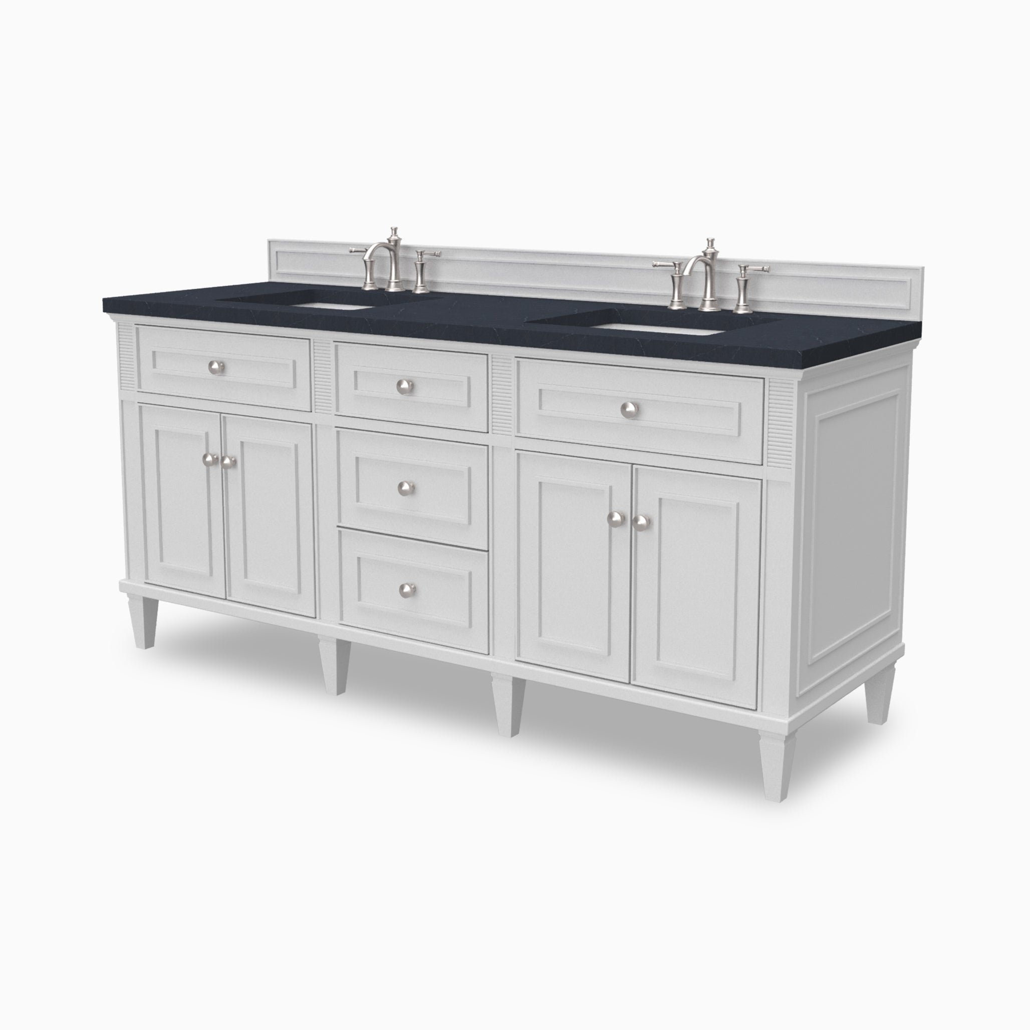 Elodie 72-inch double bathroom vanity in bright white with charcoal soapstone quartz countertop and chrome faucets.
