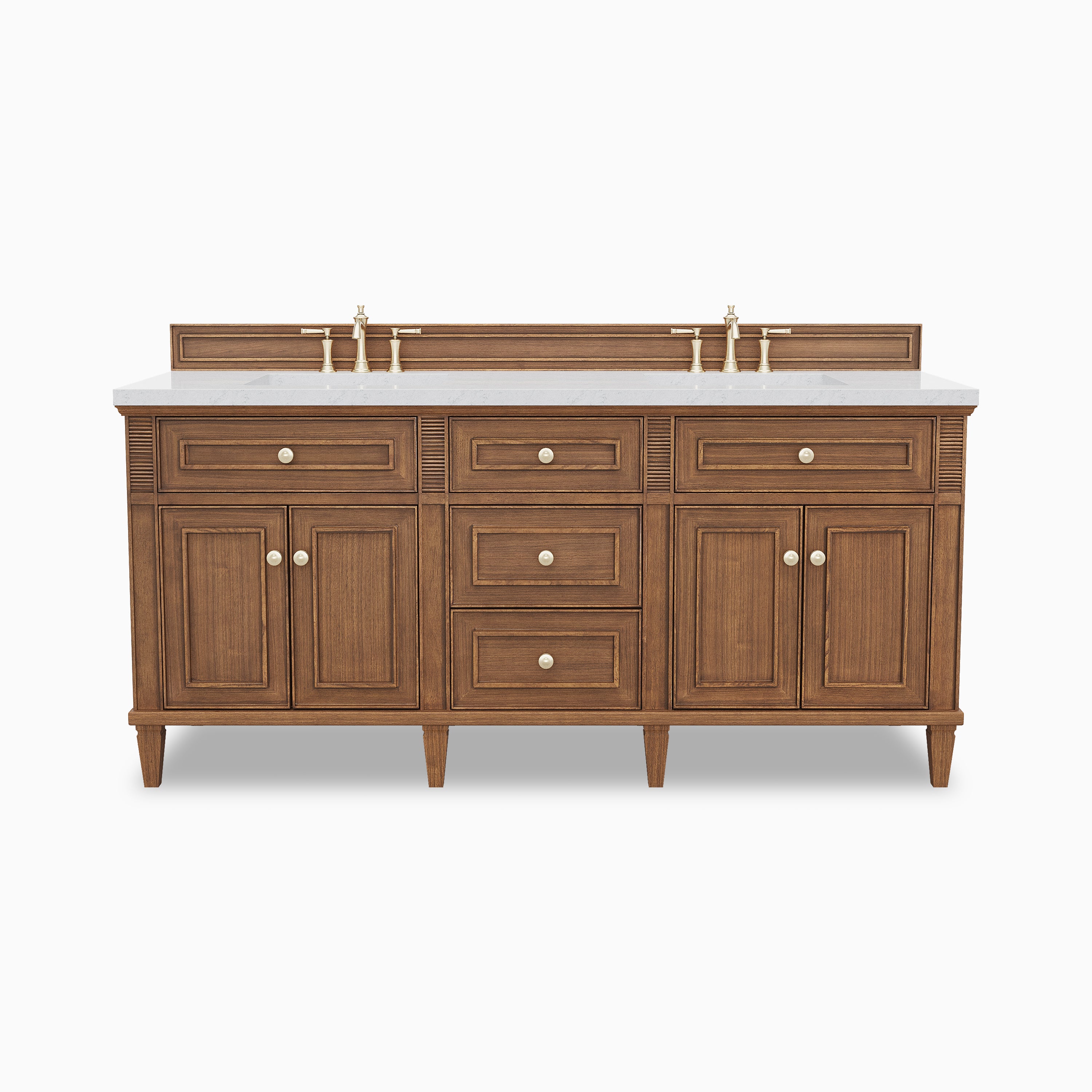 Elodie 72-inch double bathroom vanity in mid-century walnut with Carrara white marble countertop and brass faucets.