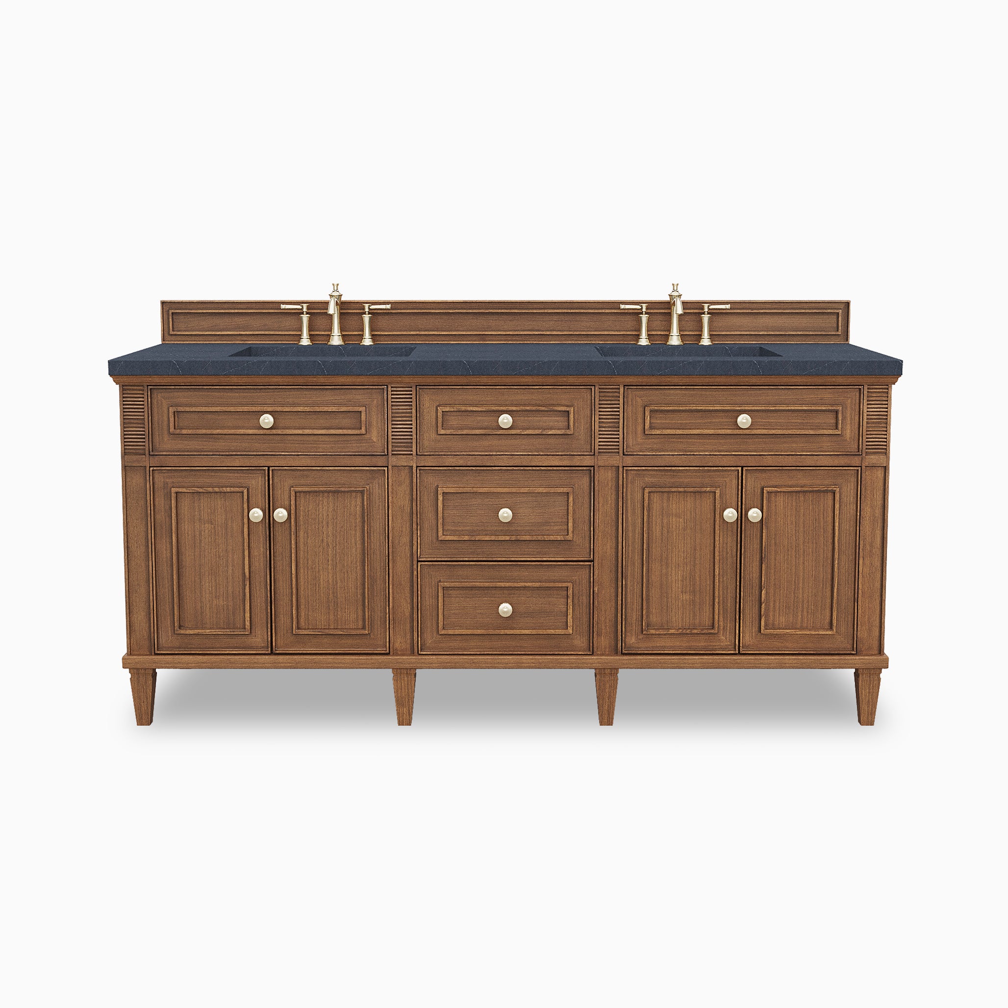 Elodie 72-inch double bathroom vanity in mid-century walnut with charcoal soapstone quartz countertop and brass faucets.