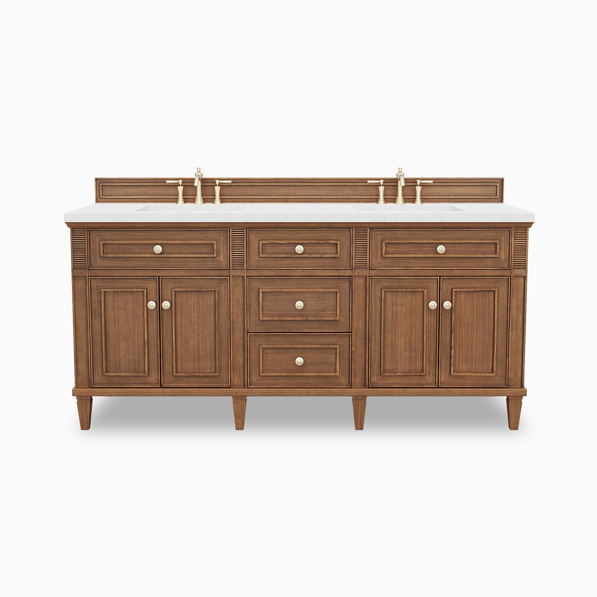 Elodie 72 inch double vanity in mid-century walnut with Ethereal Noctis quartz countertop, double sinks, six drawers, four cabinet doors, and integrated backsplash.