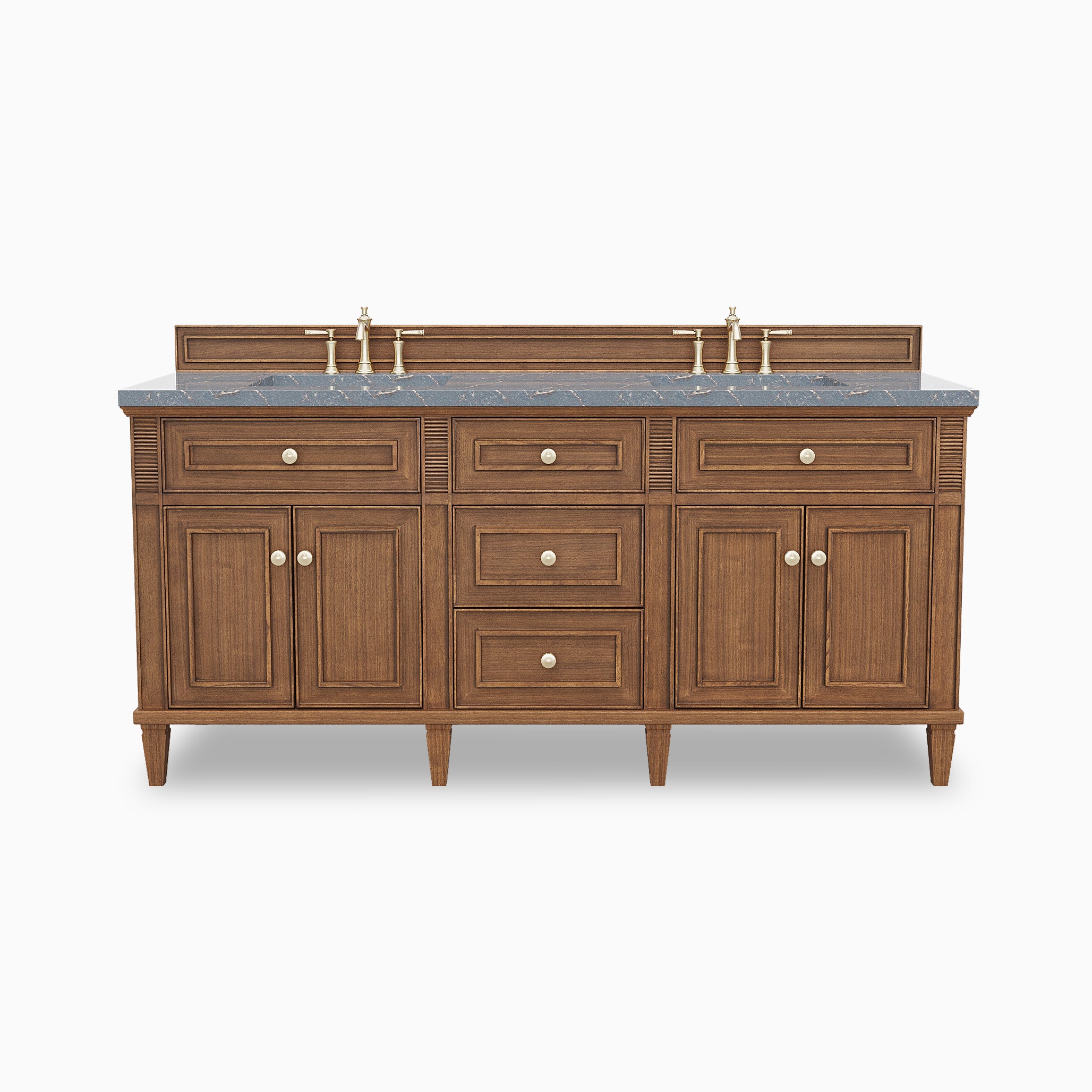 Elodie 72 inch double vanity in mid-century walnut with Parisien Bleu quartz countertop, double sinks, six drawers, four cabinet doors, and integrated backsplash.