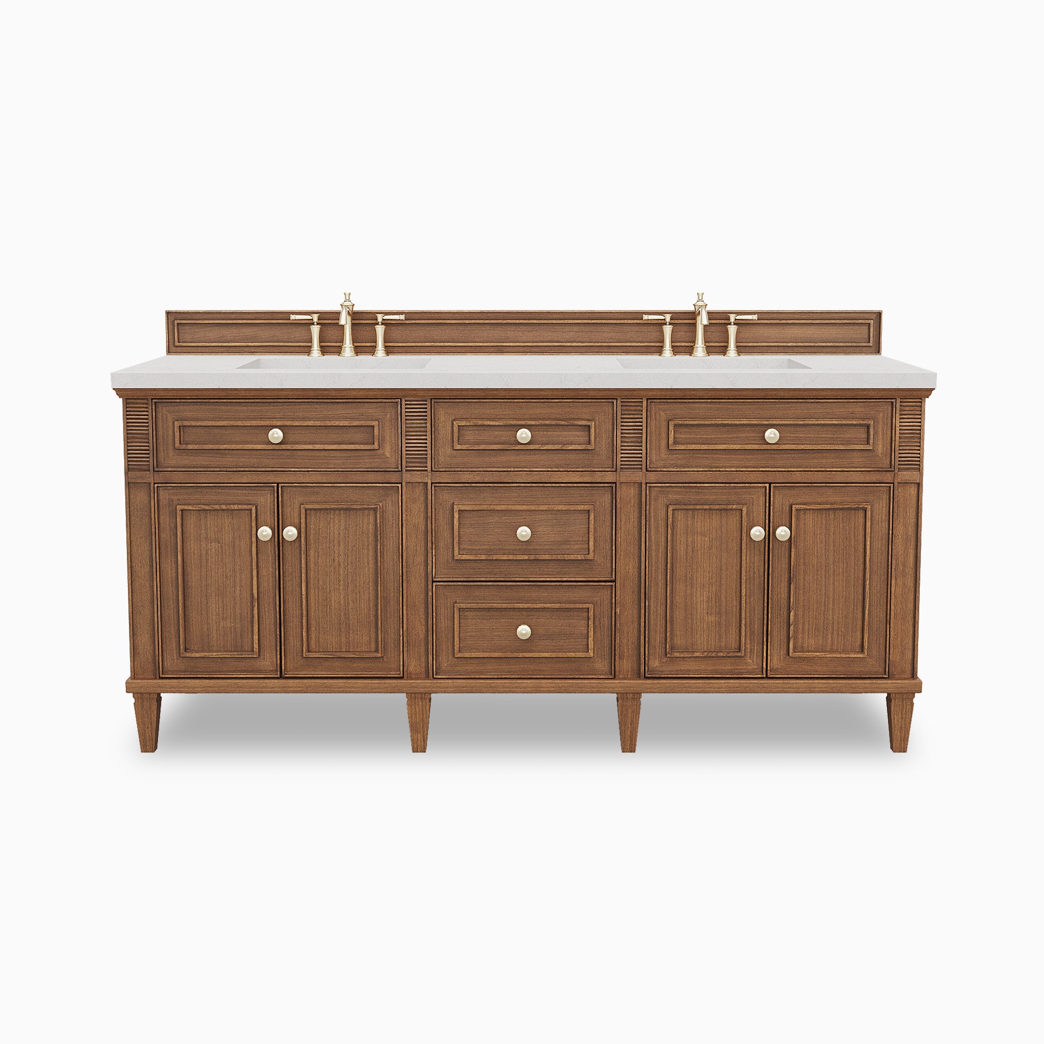Elodie 72 inch double vanity in mid-century walnut with Victorian Silver quartz countertop, double sinks, six drawers, four cabinet doors, and integrated backsplash.