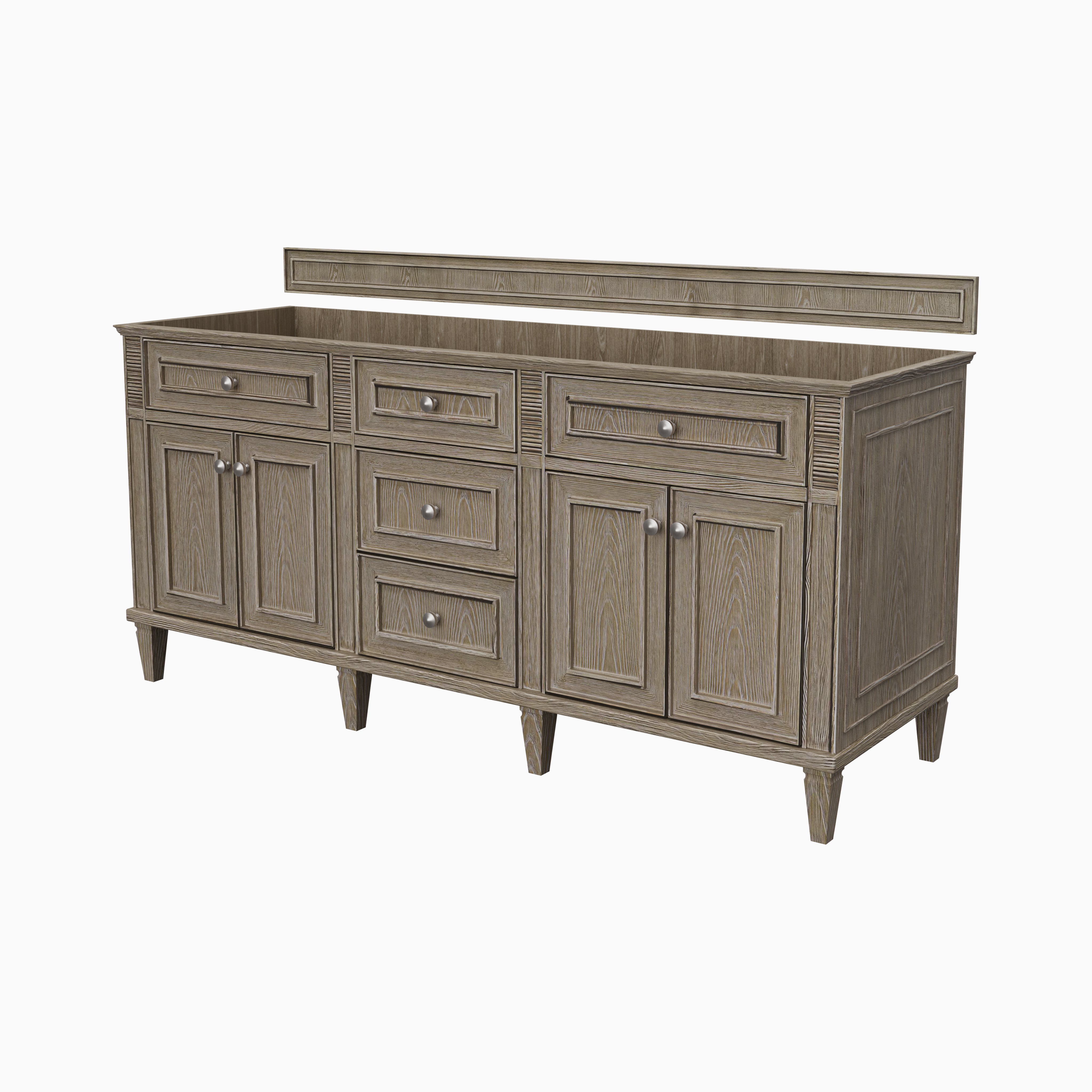 Elodie 72 inch double vanity in whitewashed oak with six drawers, four cabinet doors, and integrated backsplash.