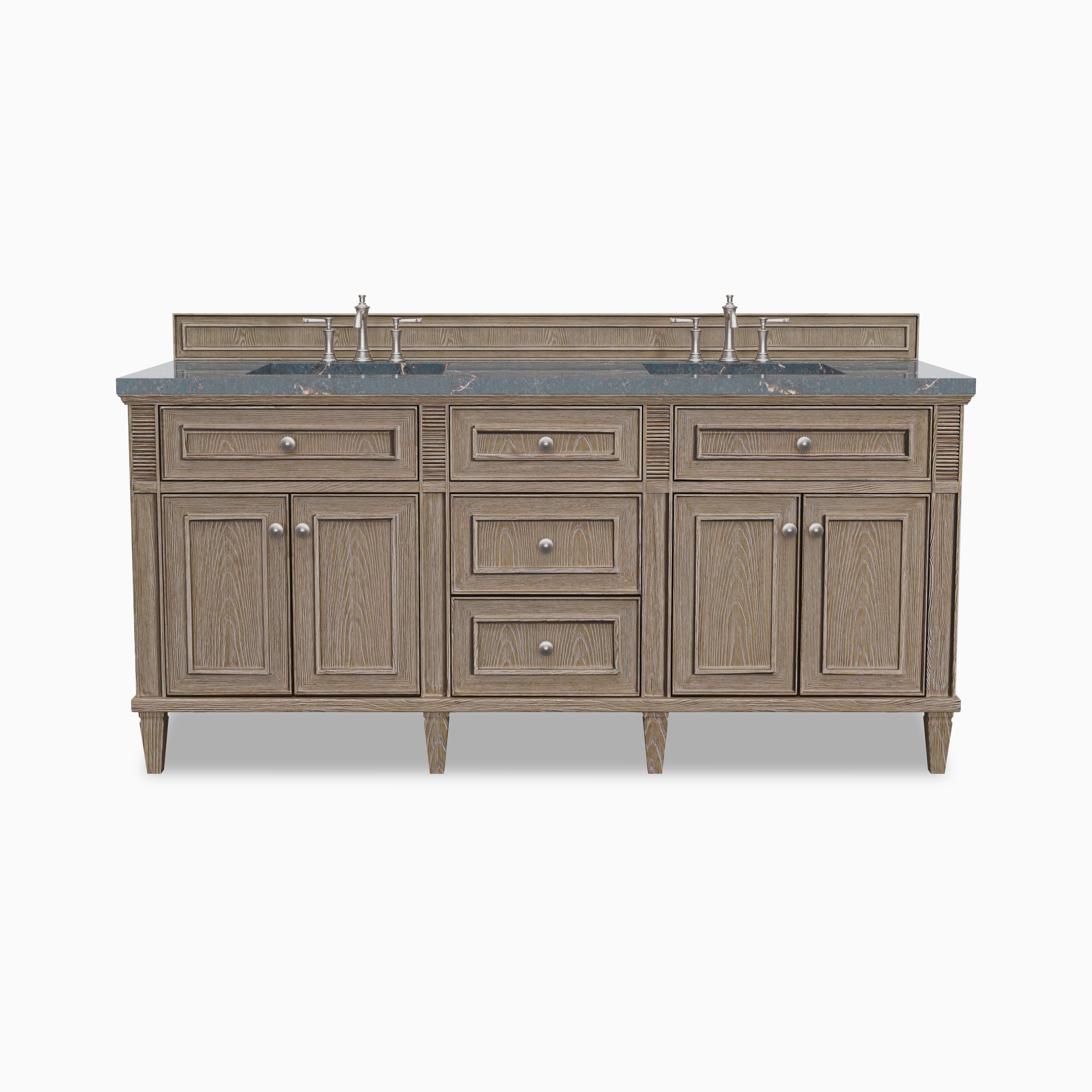 Elodie 72 inch double vanity in whitewashed oak with 3 cm Parisien Bleu quartz top, six drawers, four cabinet doors, and integrated backsplash.