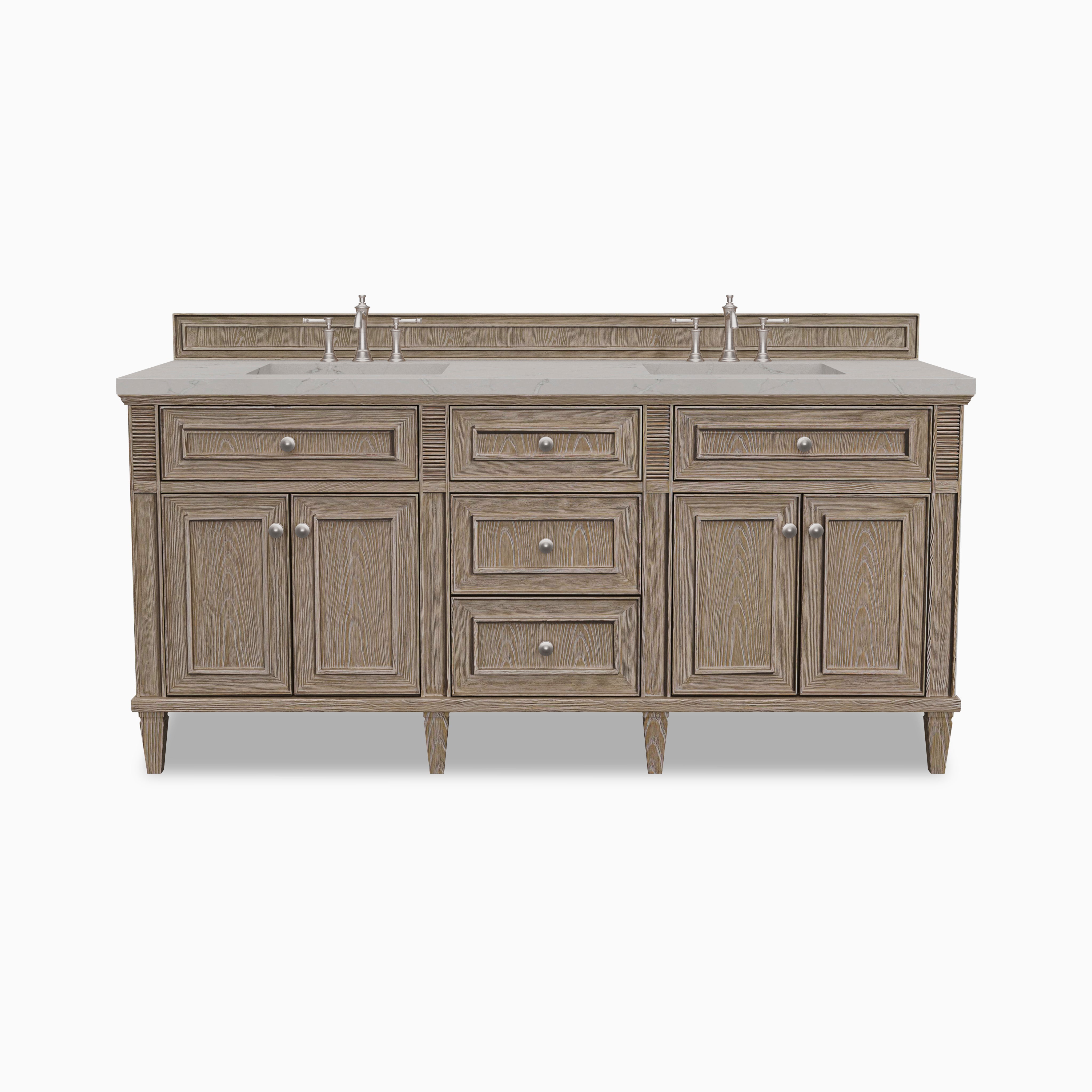 Elodie 72 inch double vanity in whitewashed oak with 3 cm Victorian Silver quartz top, six drawers, four cabinet doors, and integrated backsplash.