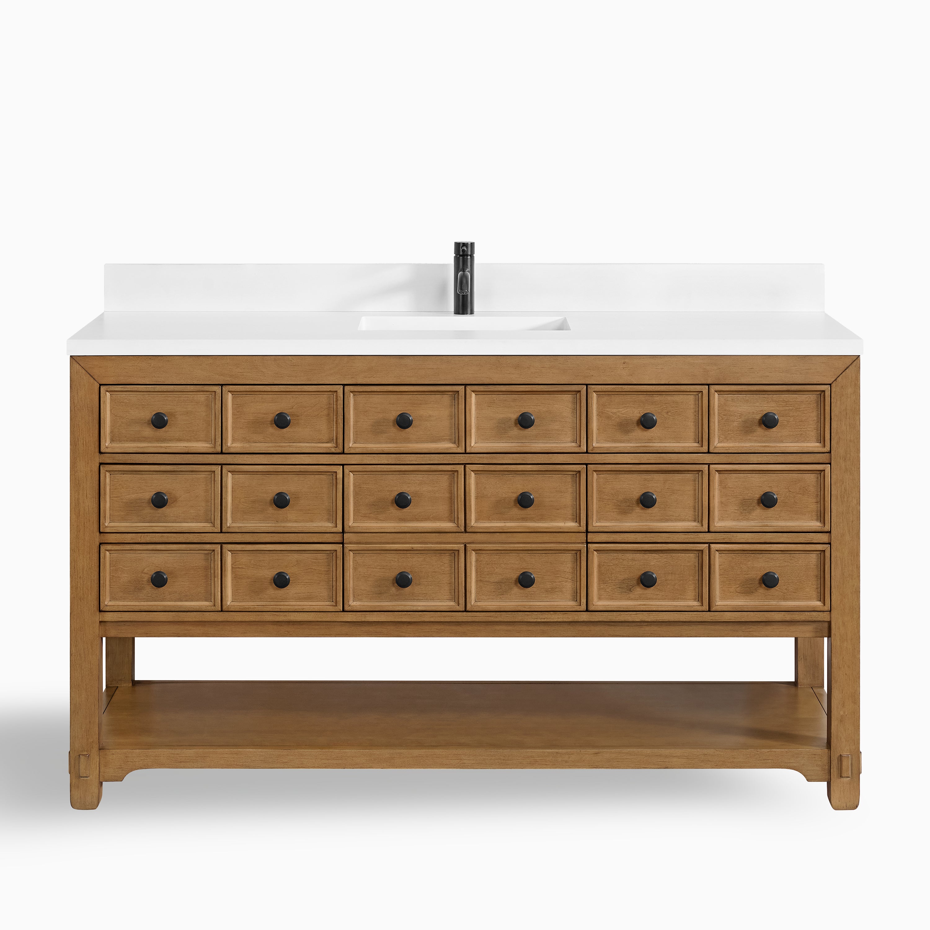 Rosalie 60" Single Vanity in Amber Birch with Single Hole 3 cm White Zeus Quartz Top & Backsplash