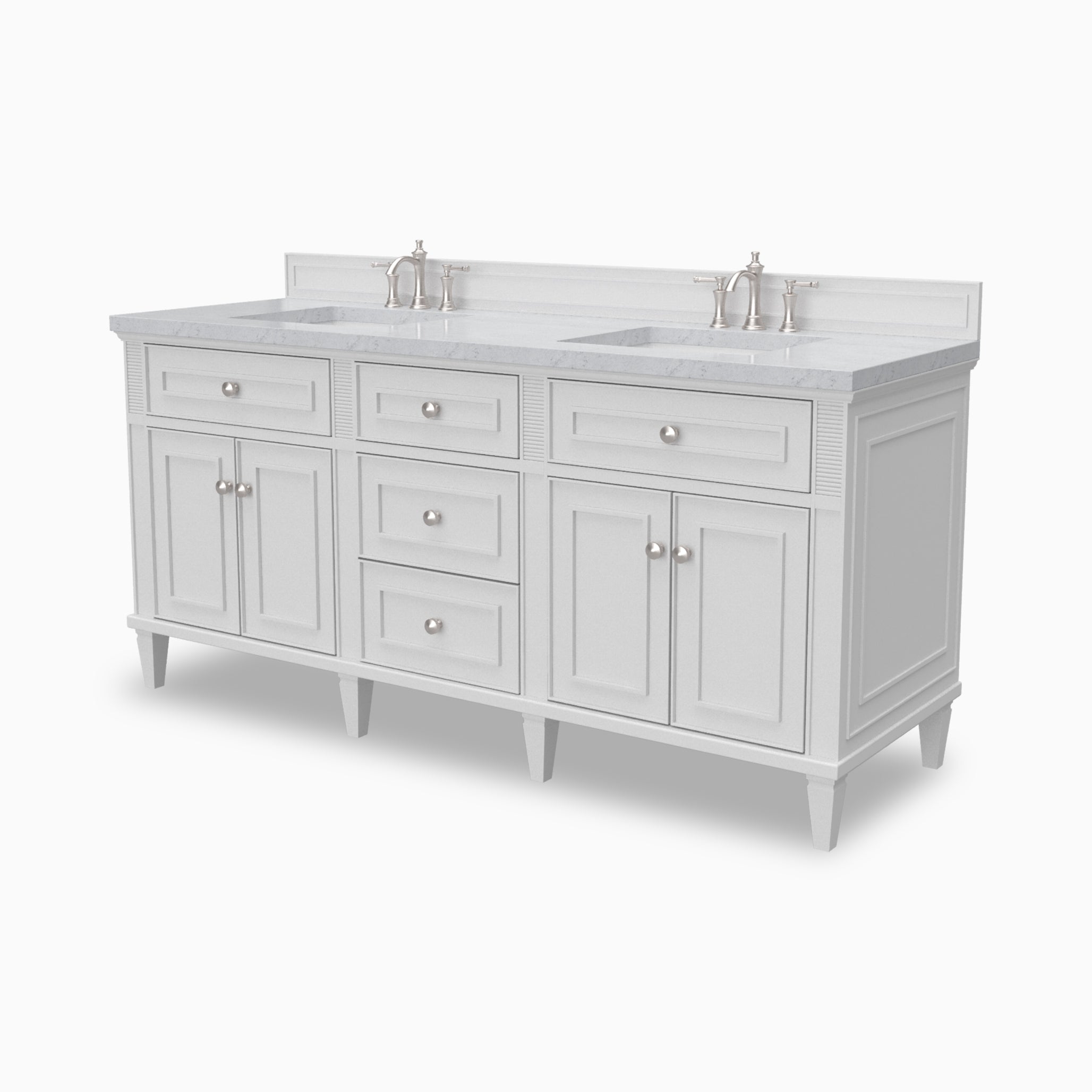 Elodie 72-inch double bathroom vanity in bright white with Victorian Silver quartz countertop and chrome faucets.