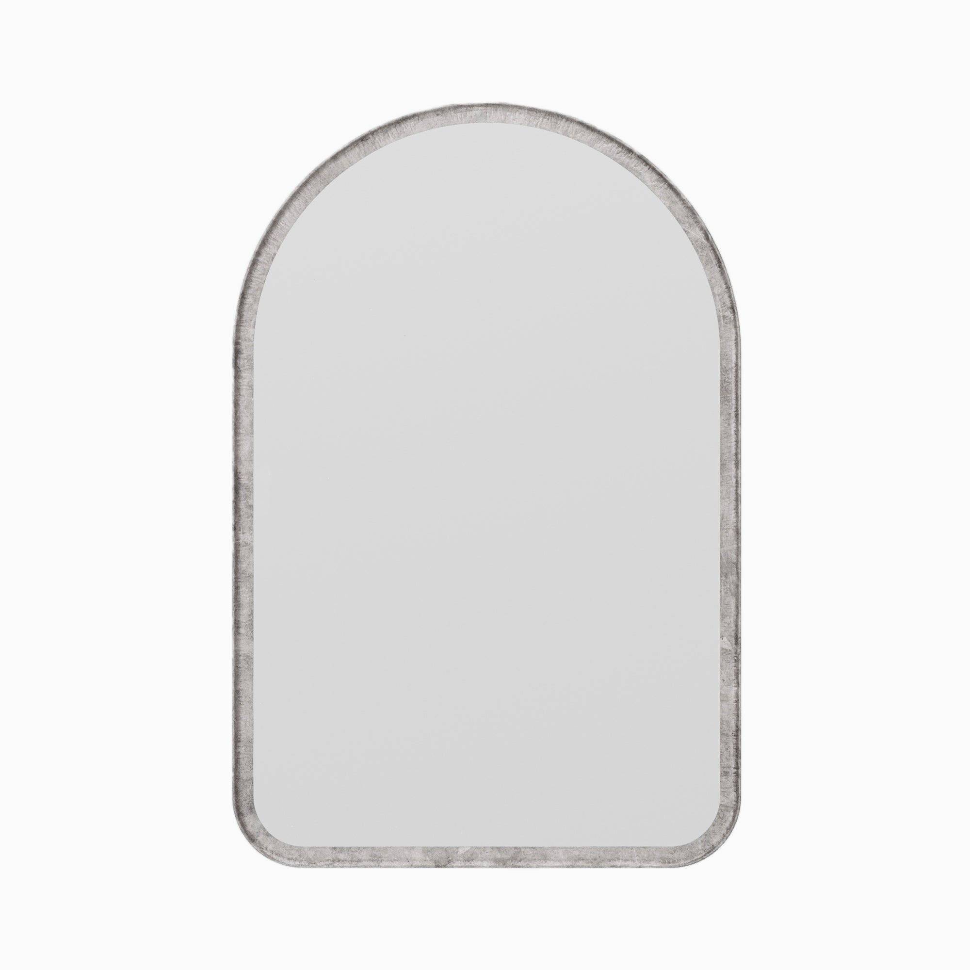 Arched mirror with a classic silhouette, framed by a narrow border finished in a rustic, light metallic sheen.