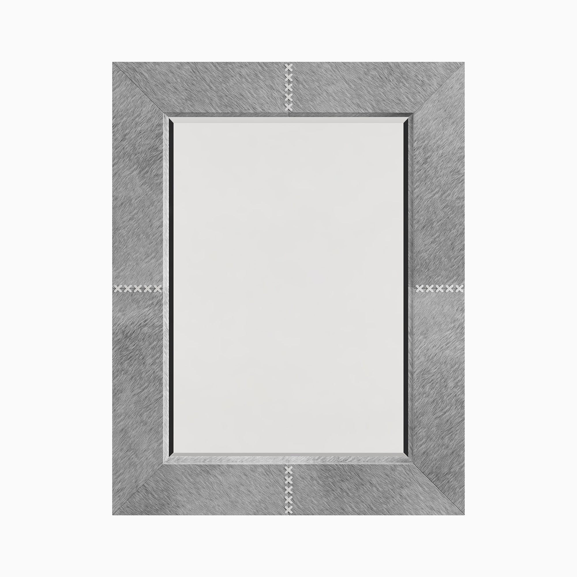 Rectangular mirror wrapped in gray hair-on cowhide featuring soft tonal variation and white leather whip-stitch accents with saddlework detail.
