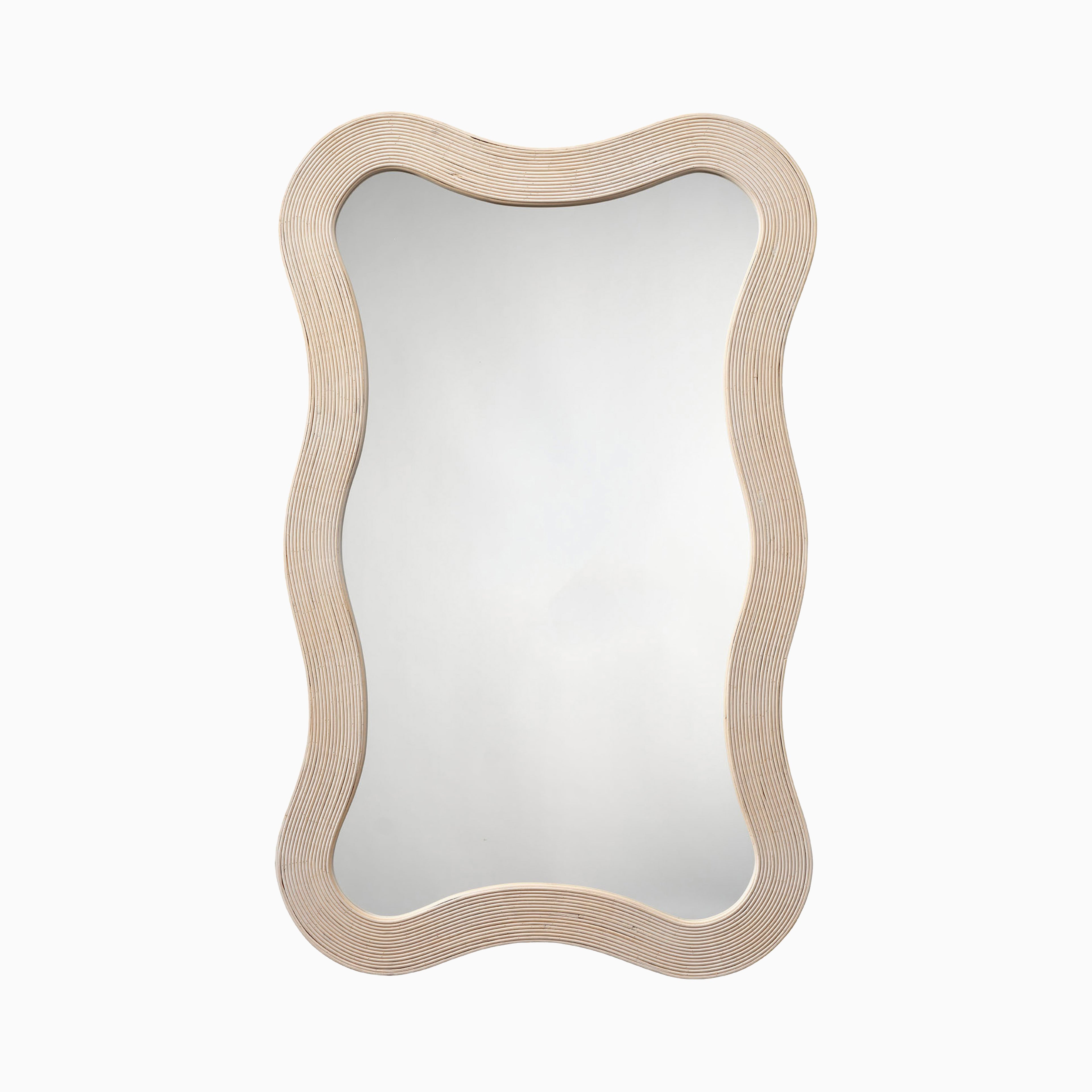 Evella Mirror in Cream with gently curved bamboo frame, fine grooved texture, and warm beige finish for a light, organic modern look.