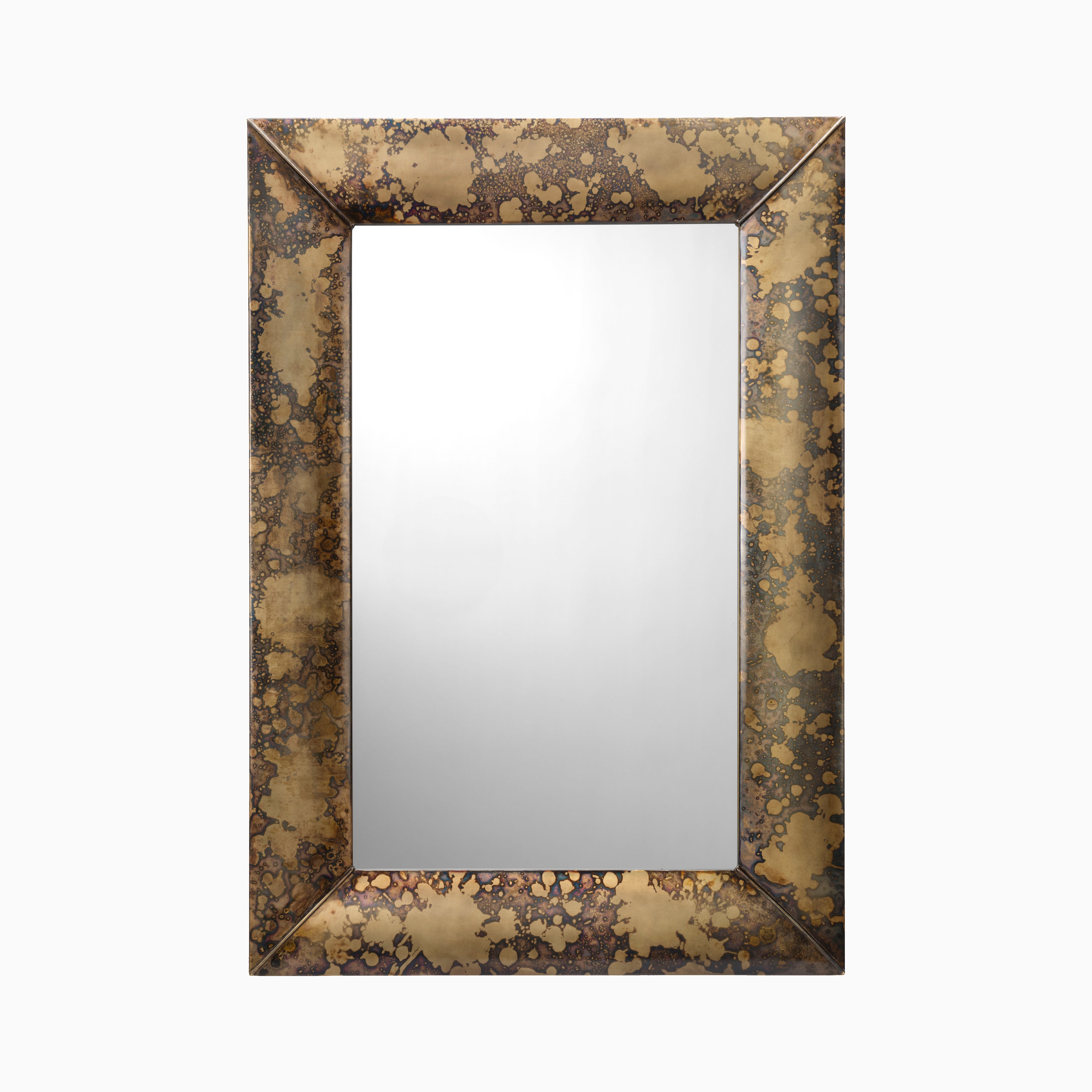 Rectangular mirror with a wide, antiqued bronze frame featuring rich patina and organic mottled detailing for vintage elegance.