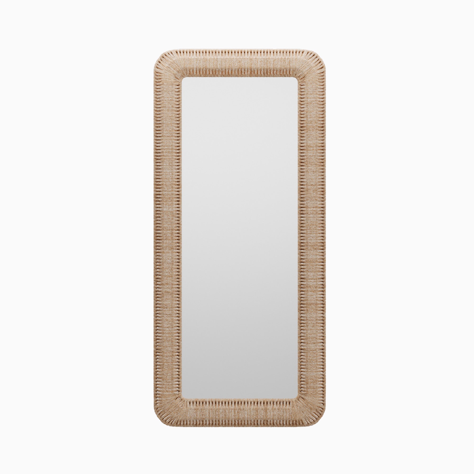 Full-length floor mirror framed in hand-applied corn straw rope, highlighting organic texture, warm neutrals, and artisan-crafted detail.