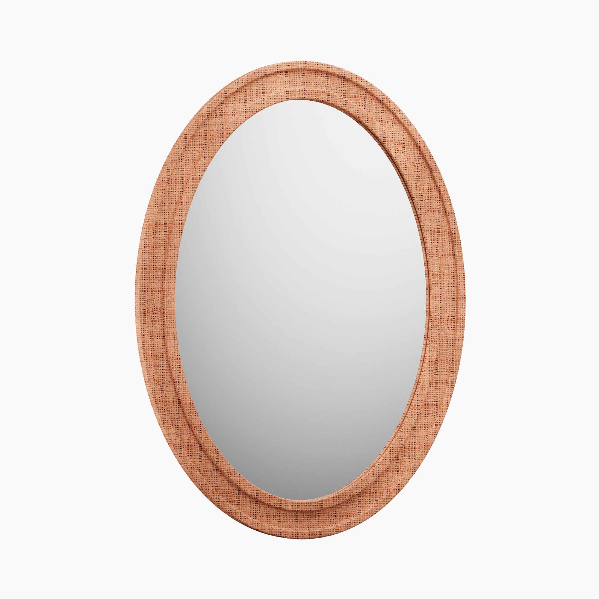 A classic oval mirror framed in handwoven natural raffia, featuring a rich brown weave that adds warmth, texture, and a relaxed, artisanal feel.