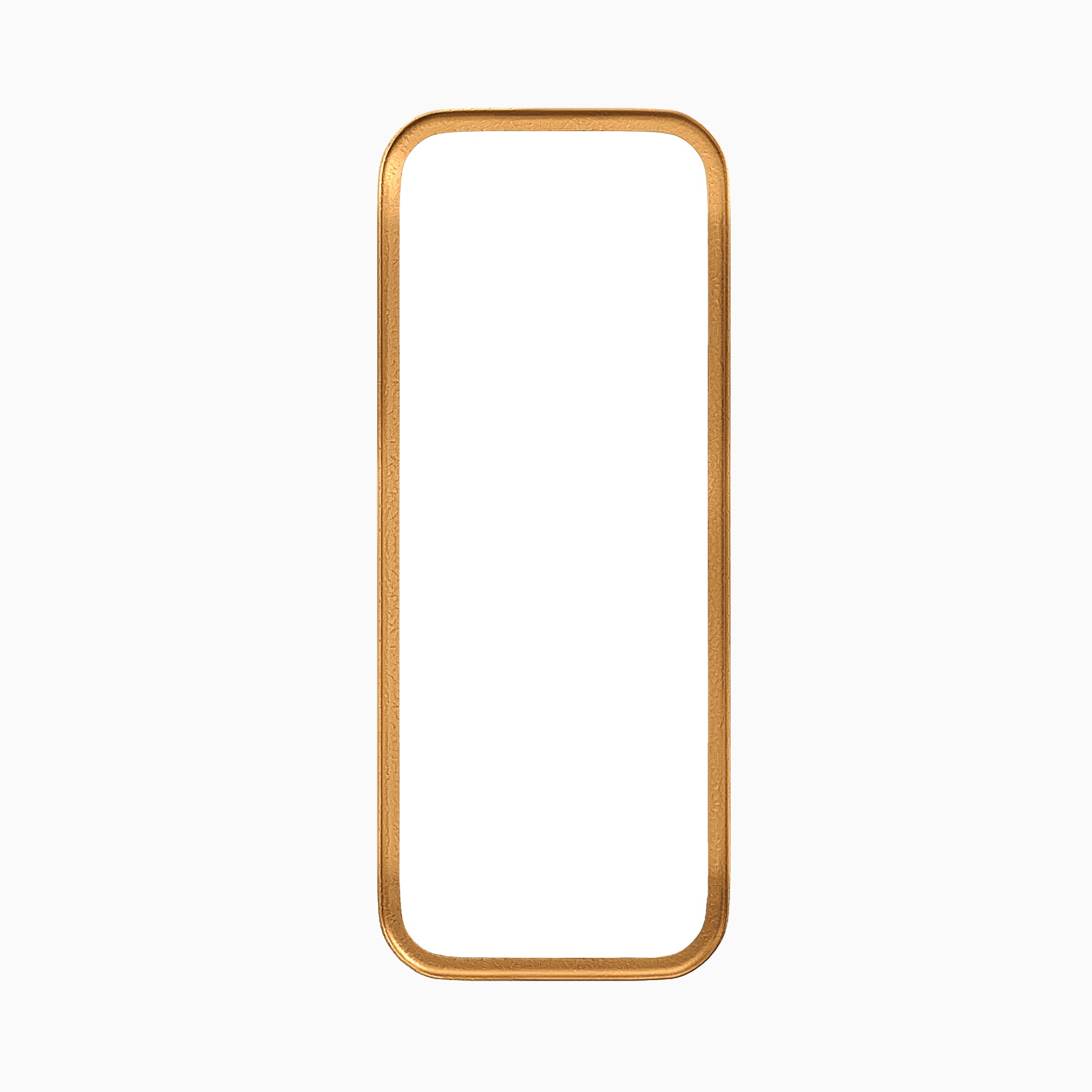 Elongated rounded rectangular mirror with a classic silhouette, framed by a narrow border in a rustic, warm metallic sheen.