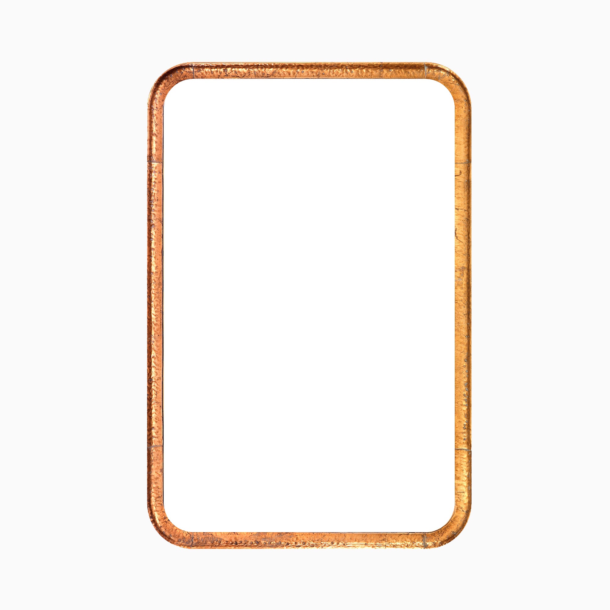 Rounded rectangular mirror with a classic silhouette, framed by a narrow border finished in a rustic, warm metallic sheen.