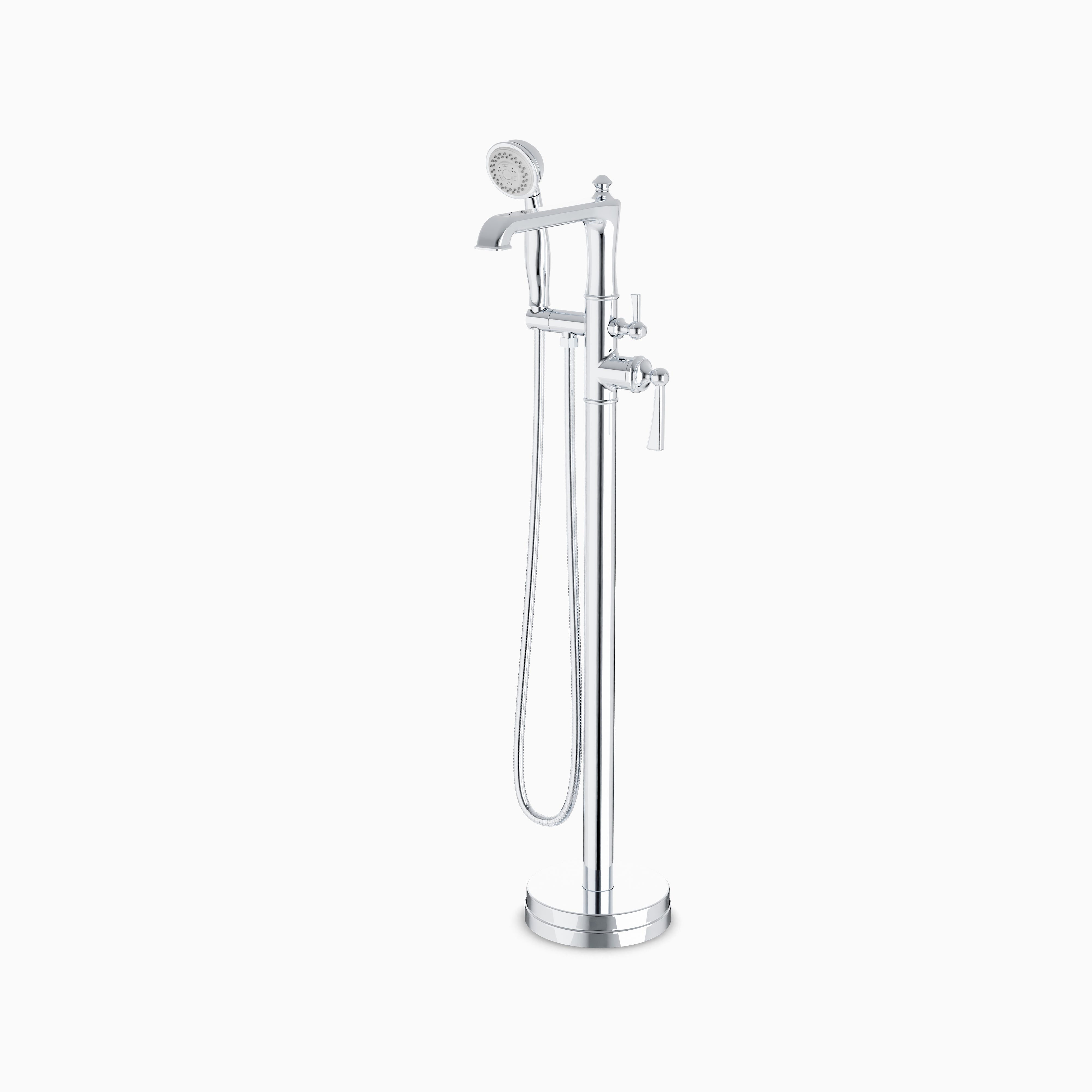 Linden Floor Mount Tub Filler Trim Kit with Hand Shower in Chrome