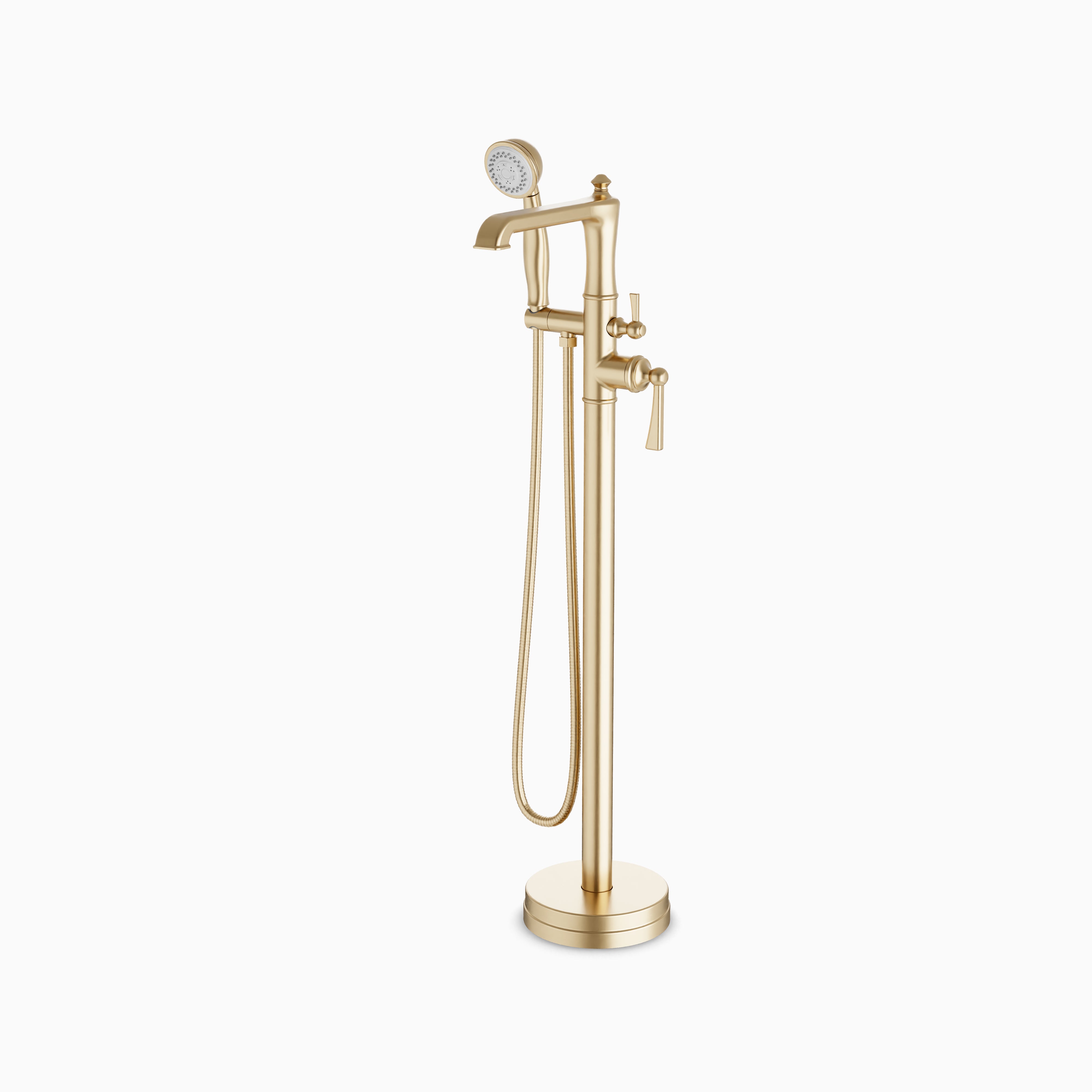 Linden Floor Mount Tub Filler Trim Kit with Hand Shower in Satin Brass