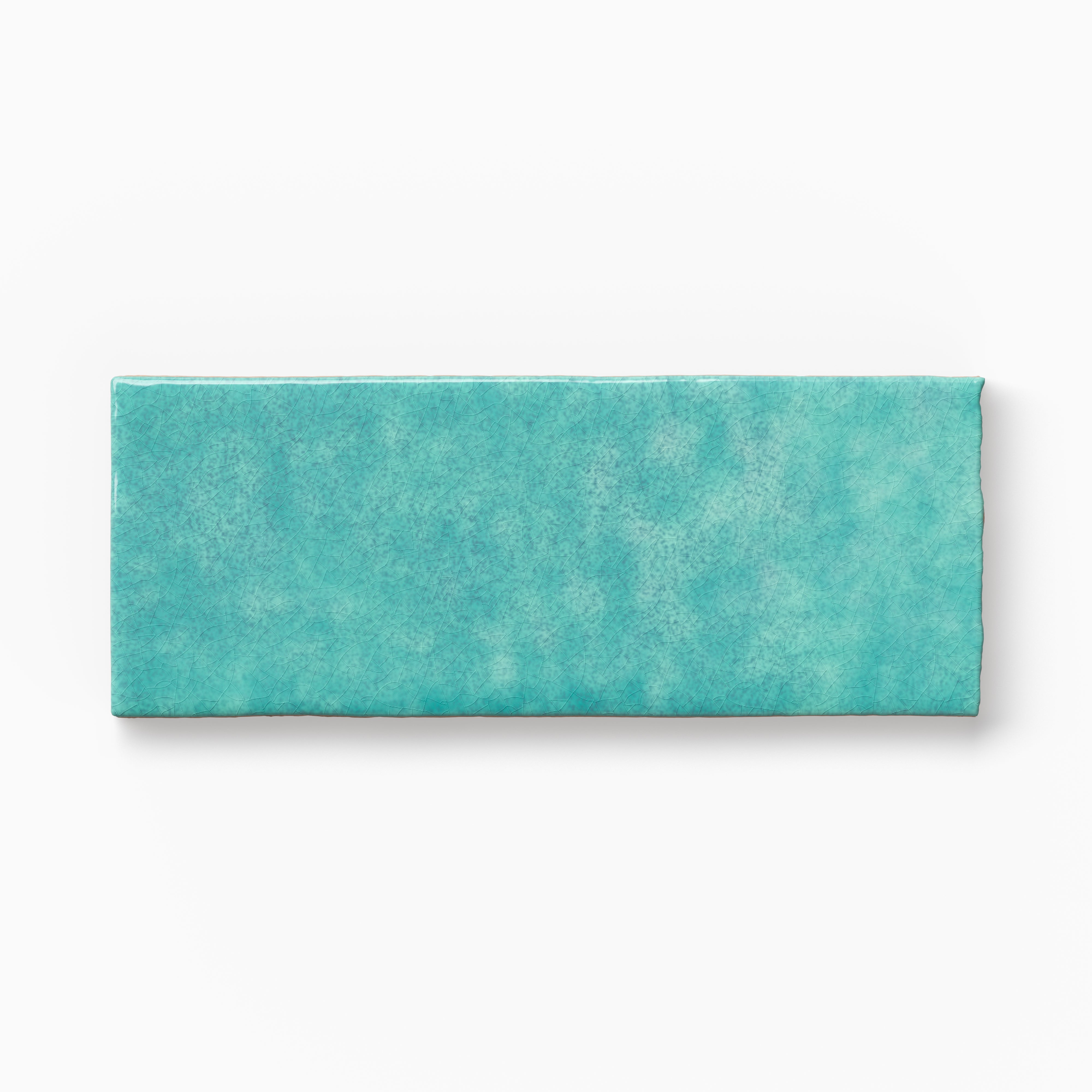 Horizontal turquoise tile sample with organic shading, delicate tonal variation, and softly softened edges presented against a white background.