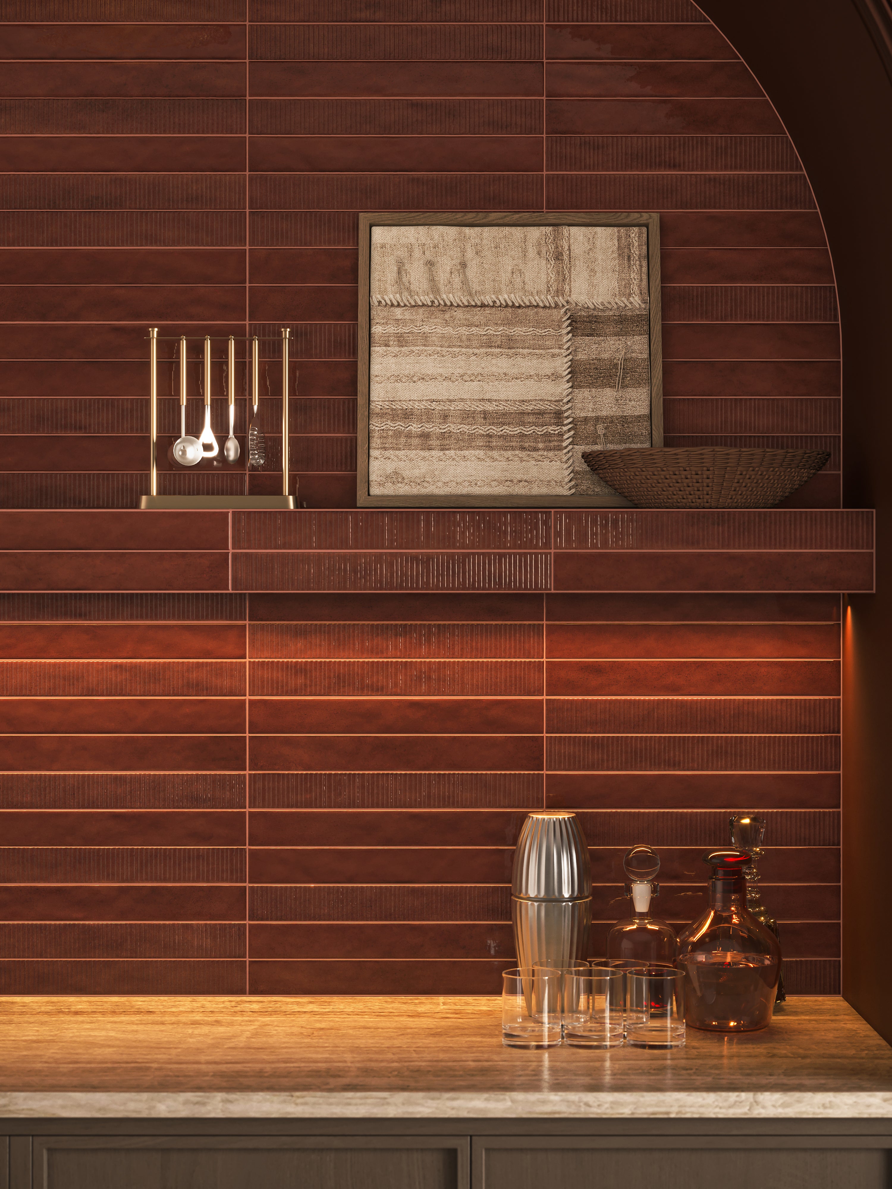 Remi 2x17 Glossy Ceramic Tile in Rust Deco