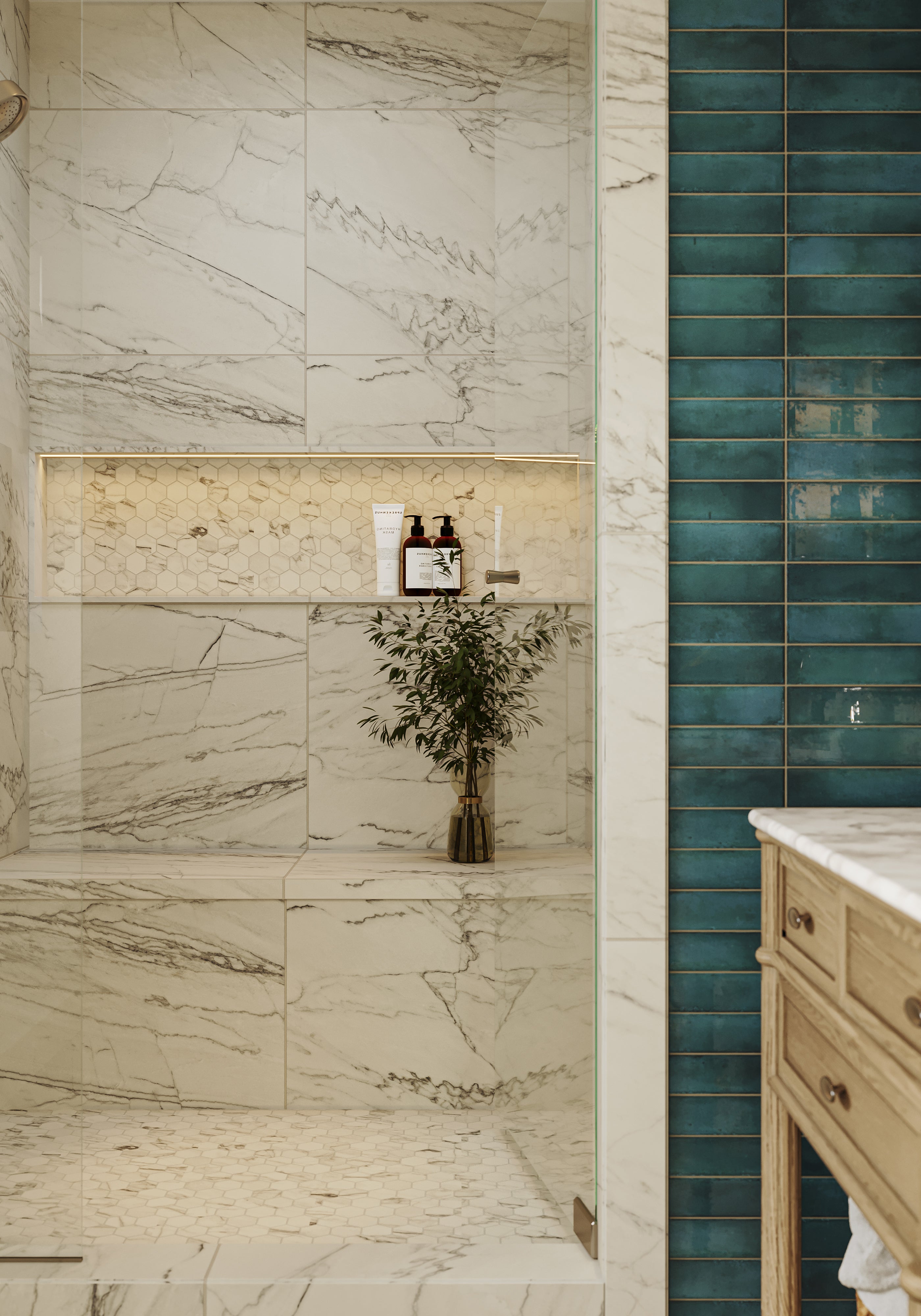 Aniston 2x2 Matte Porcelain Hexagon Mosaic Tile in Calacatta Quarzite