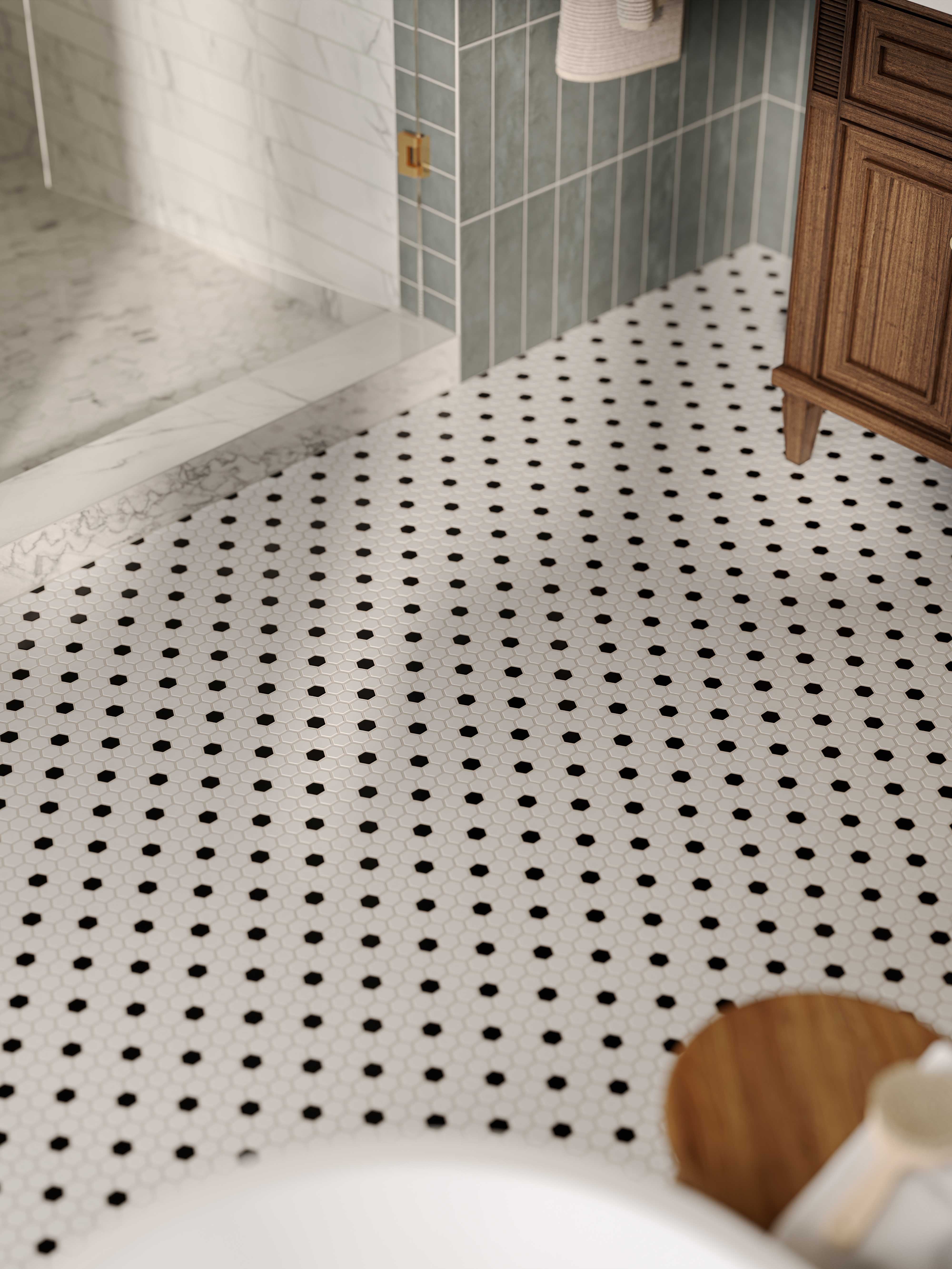 Quinn 12x12 Matte Porcelain 1x1 Hexagon Mosaic Tile in Black & White