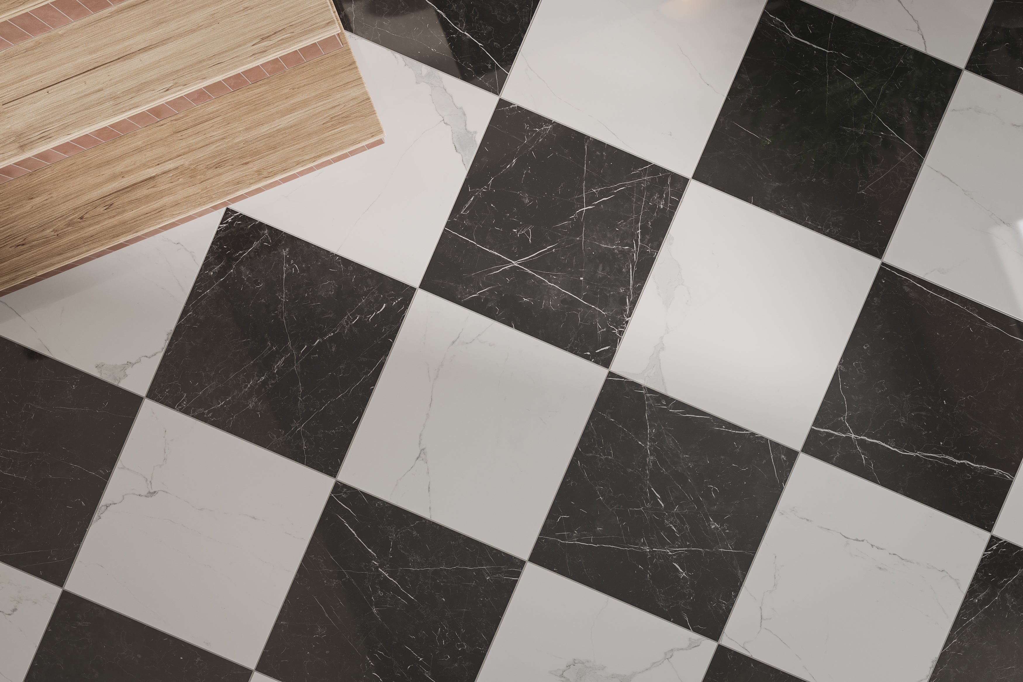 Leona 24x24 Checkerboard Polished Porcelain Tile in Calacatta and Nero Marquina