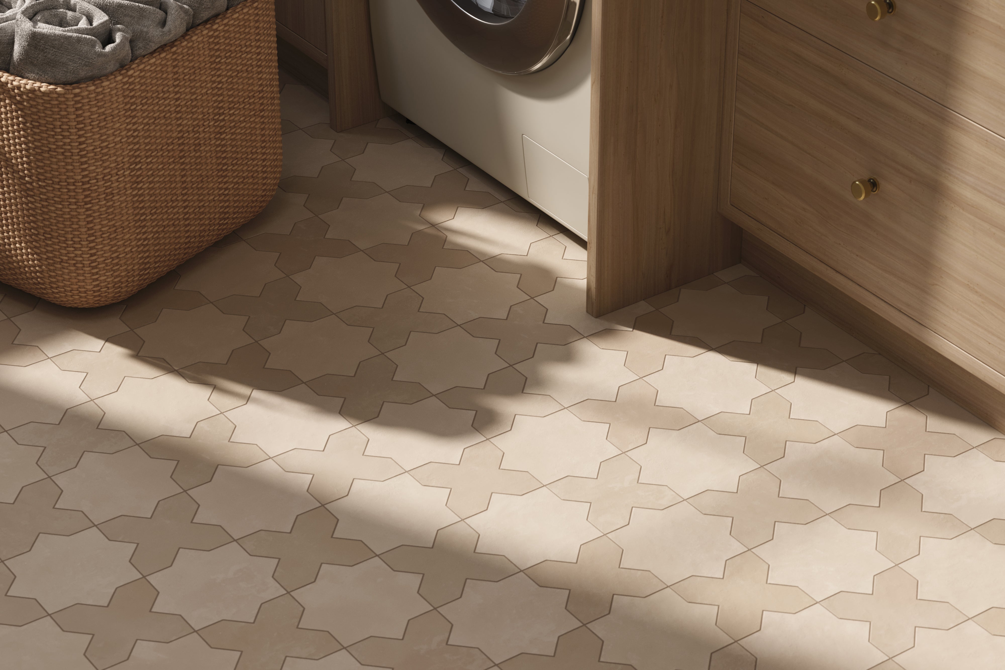 Isabel 11 x 11 Matte Porcelain Tile Star in Frosted Linen and Cross in Almond Mist