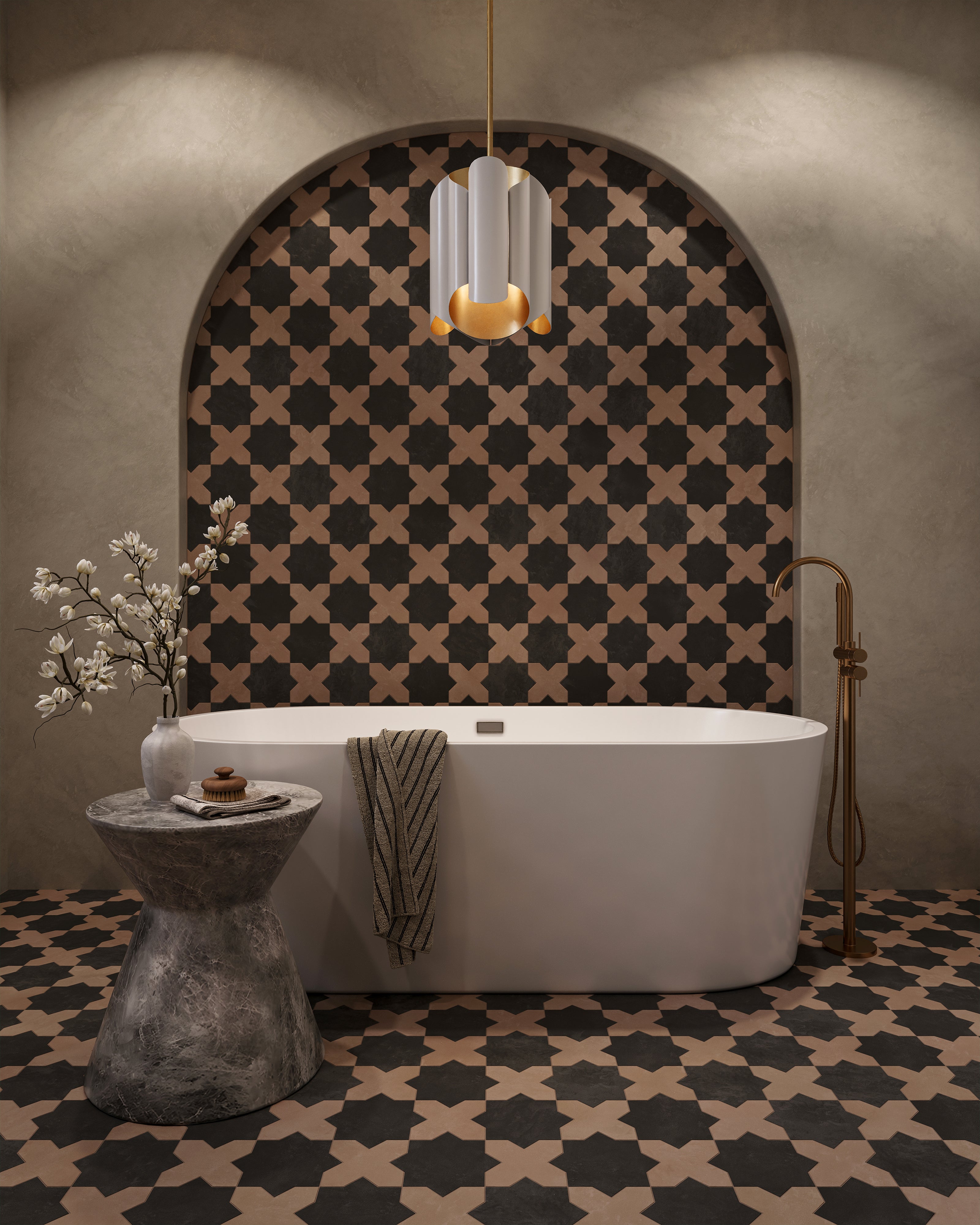 Isabel 11x11 Matte Porcelain Tile Star in Charcoal and Cross in Rosewood