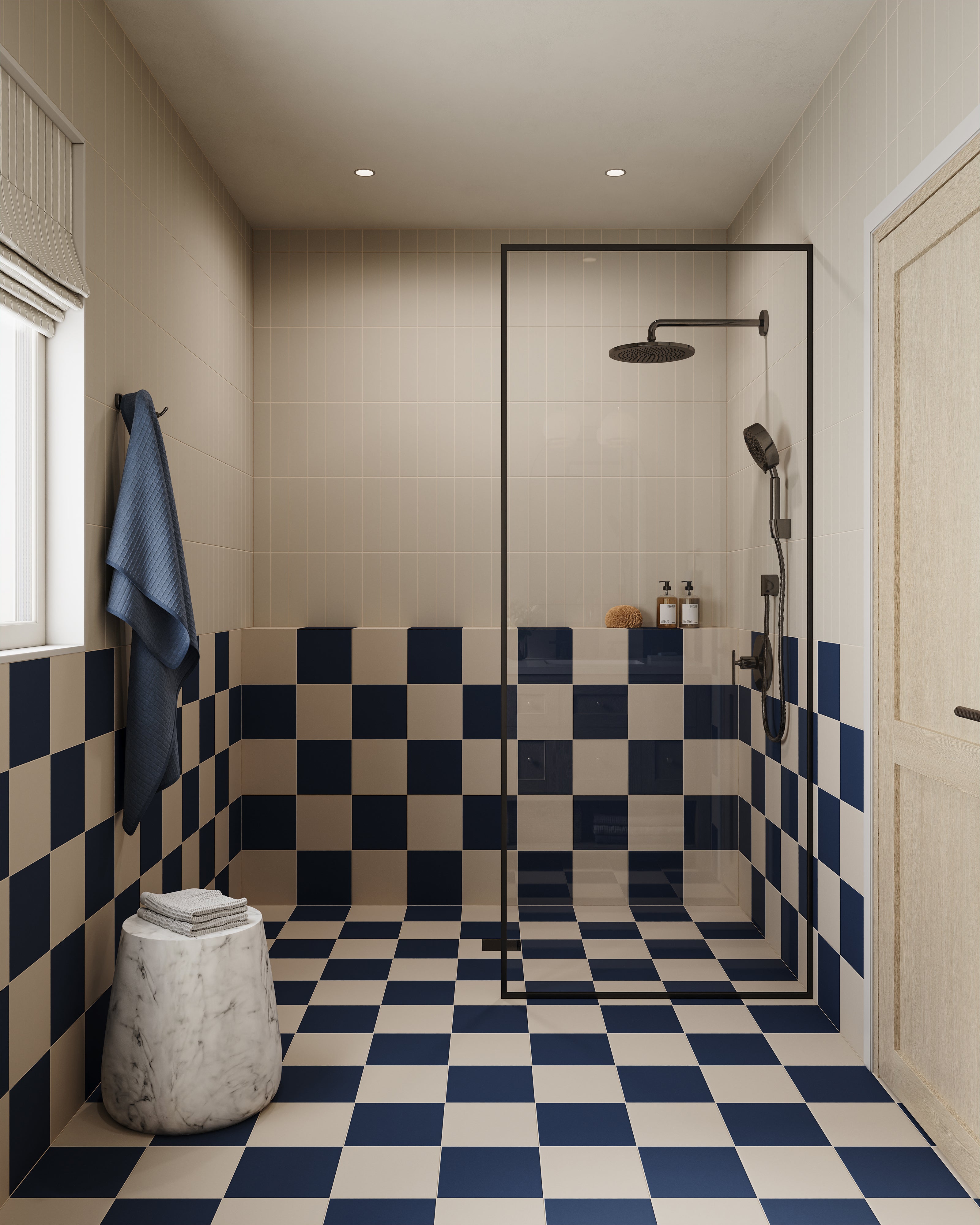 Merrick 8 x 8 Checkerboard Matte Porcelain Tile in Rhythm and Blues and Grunge Greige