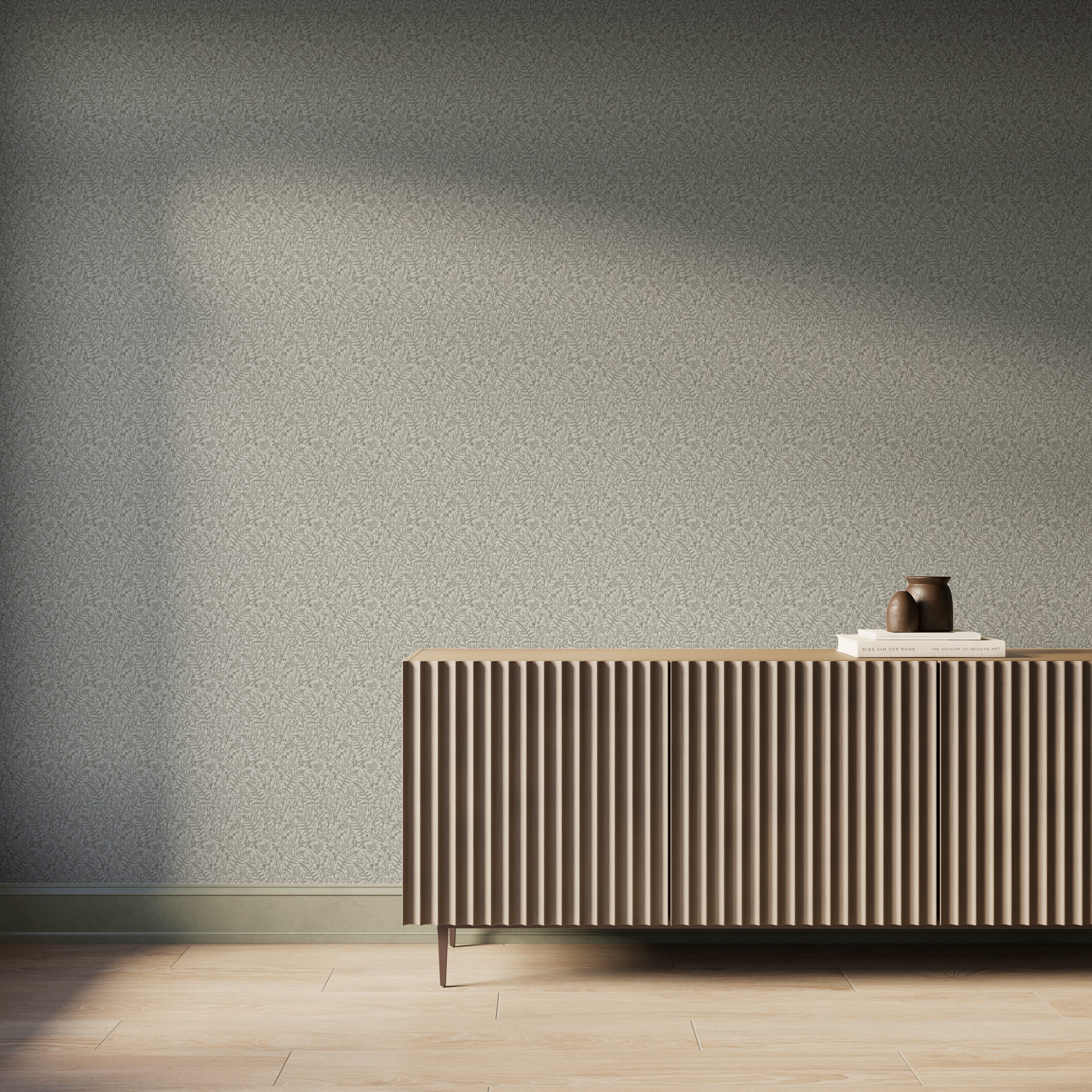 Modern interior featuring creamy white wallpaper with delicate olive botanical pattern, styled with a fluted wood console cabinet, light wood flooring, and soft natural light casting gentle shadows across the wall.