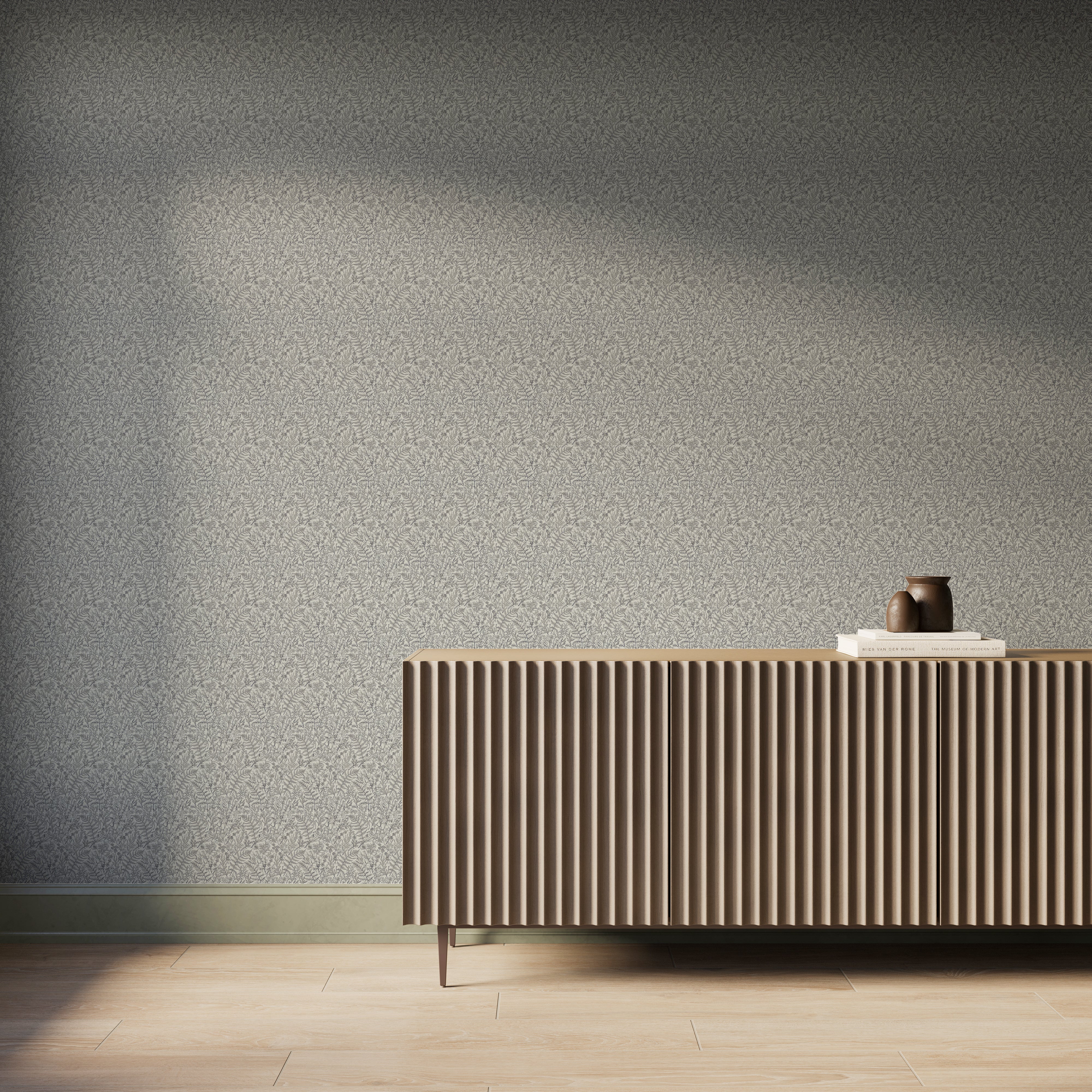 Modern interior featuring creamy white botanical wallpaper with delicate black hand-sketched foliage, styled with a fluted wood console cabinet, light wood flooring, and soft natural light casting gentle shadows across the wall.
