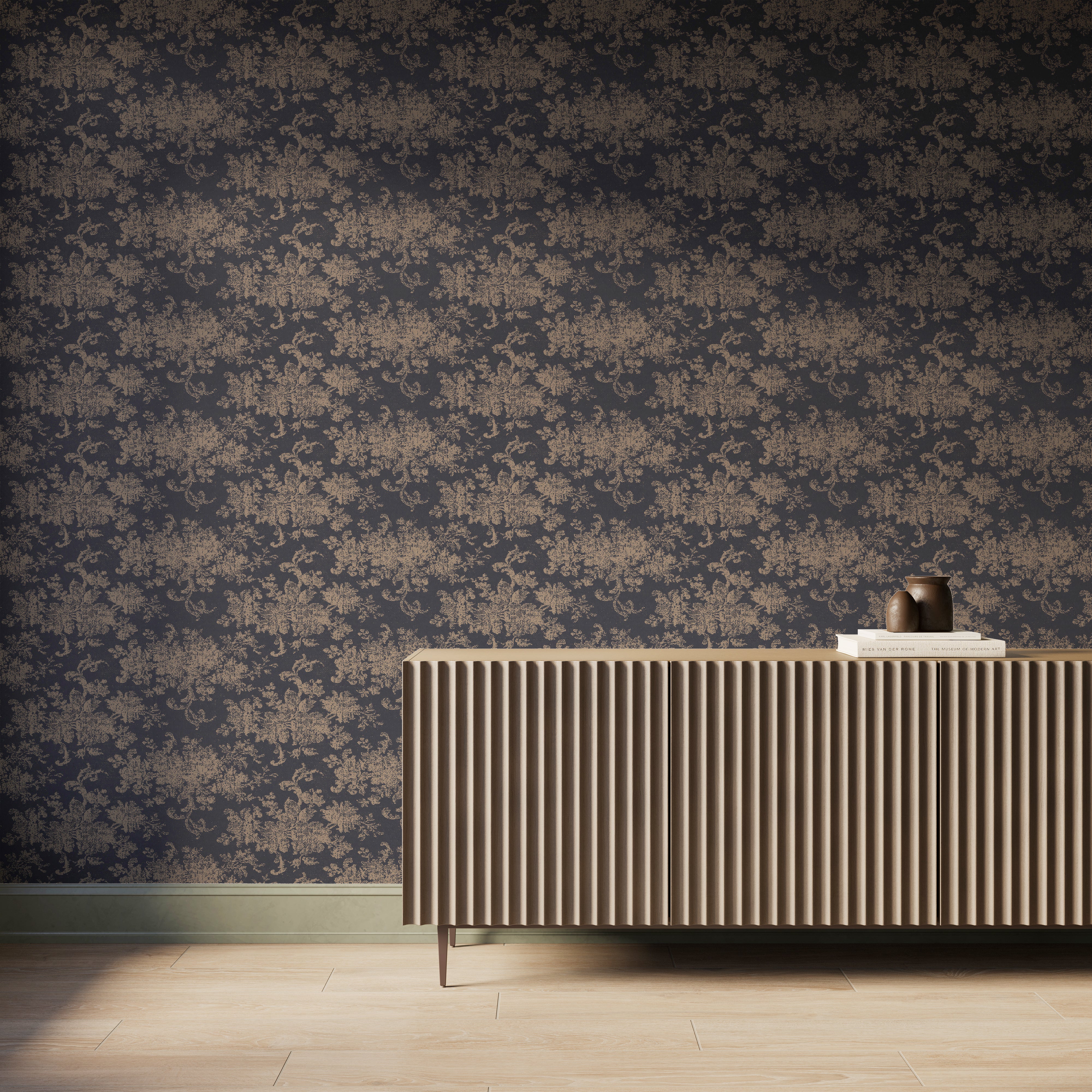 Brocade Wallpaper in Black/Tan I, 52" x 132"