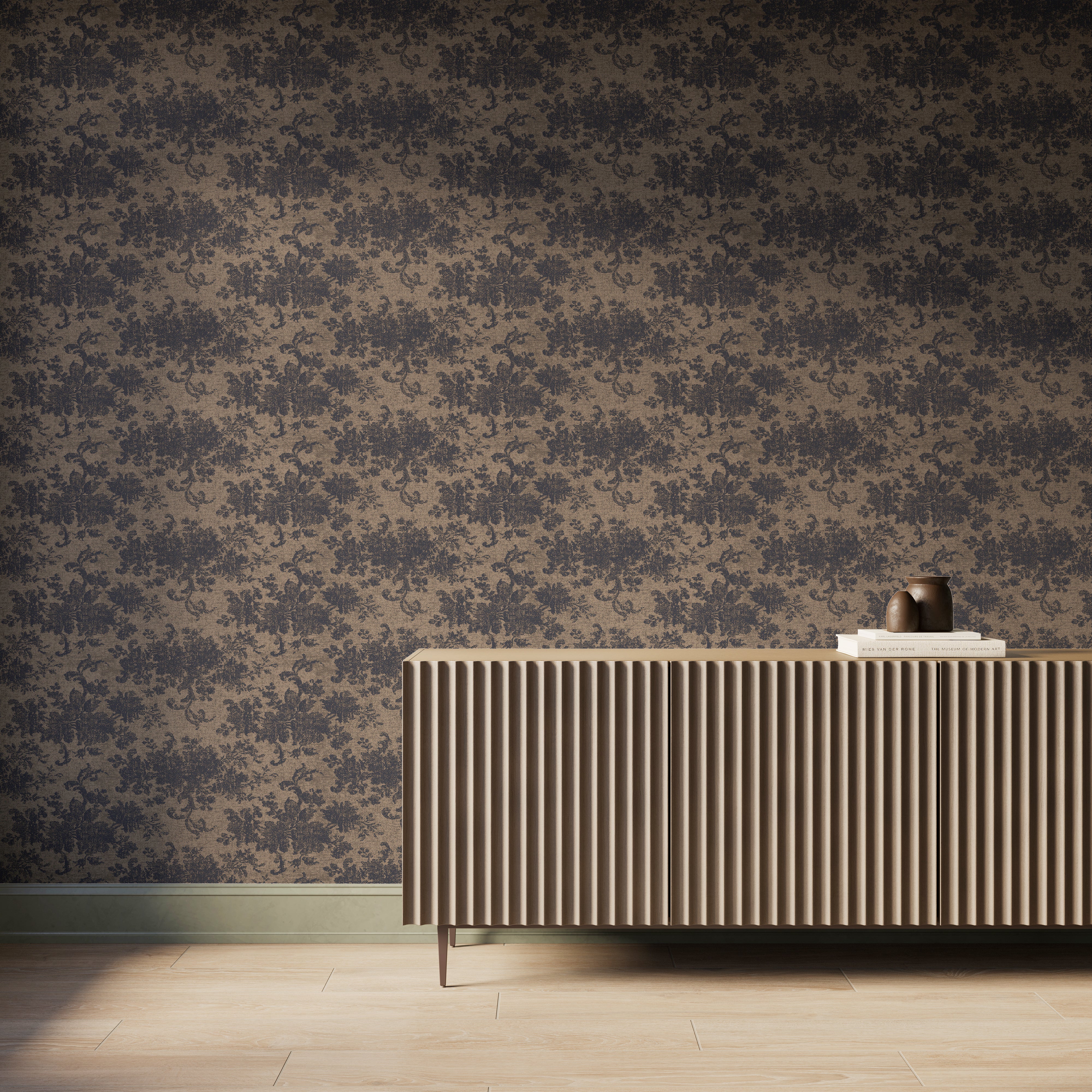 Brocade Wallpaper in Black/Tan II, 52" x 132"