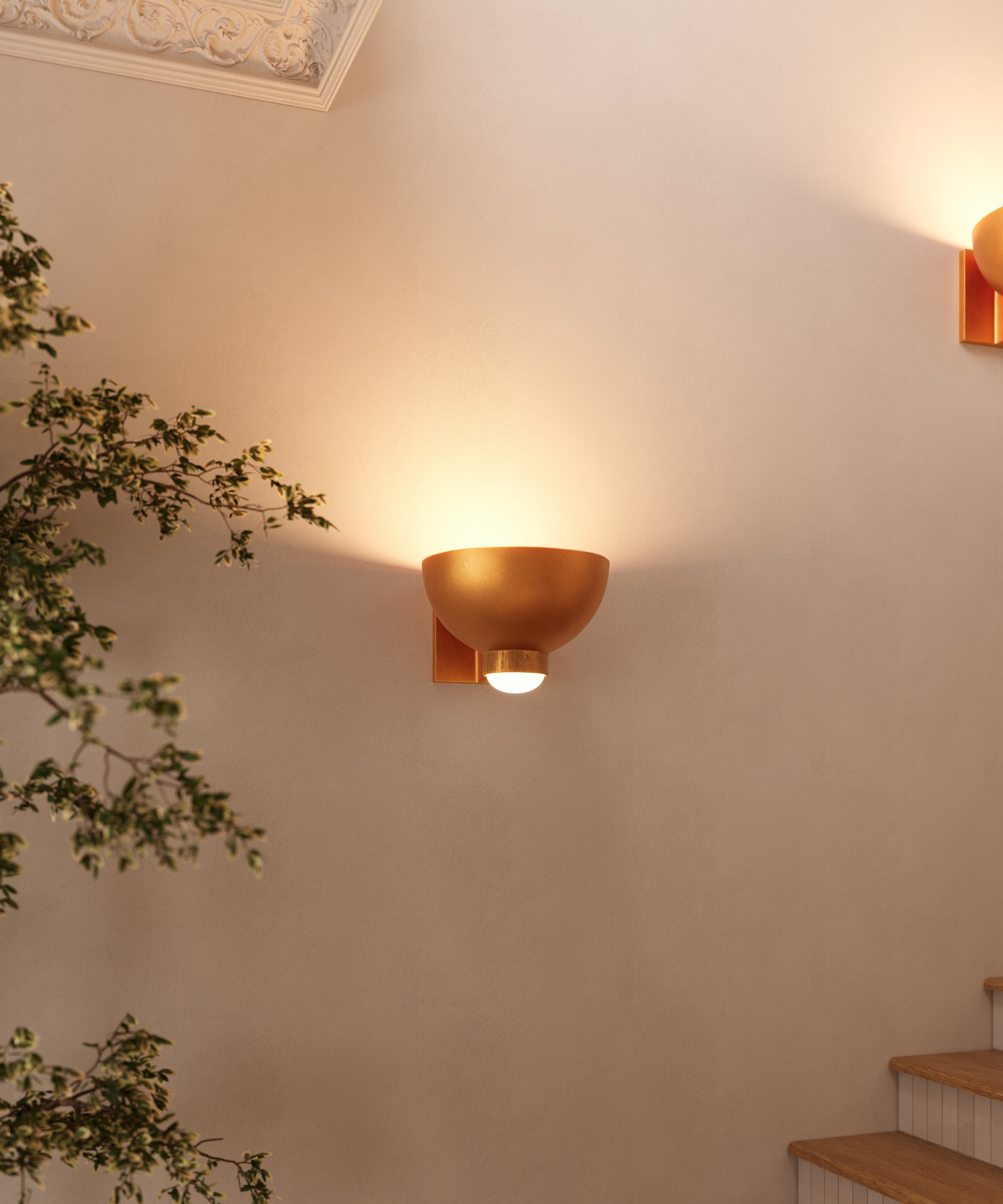 Close-up of brushed gold wall sconce casting warm light on beige plaster wall beside staircase and leafy indoor plant branch.