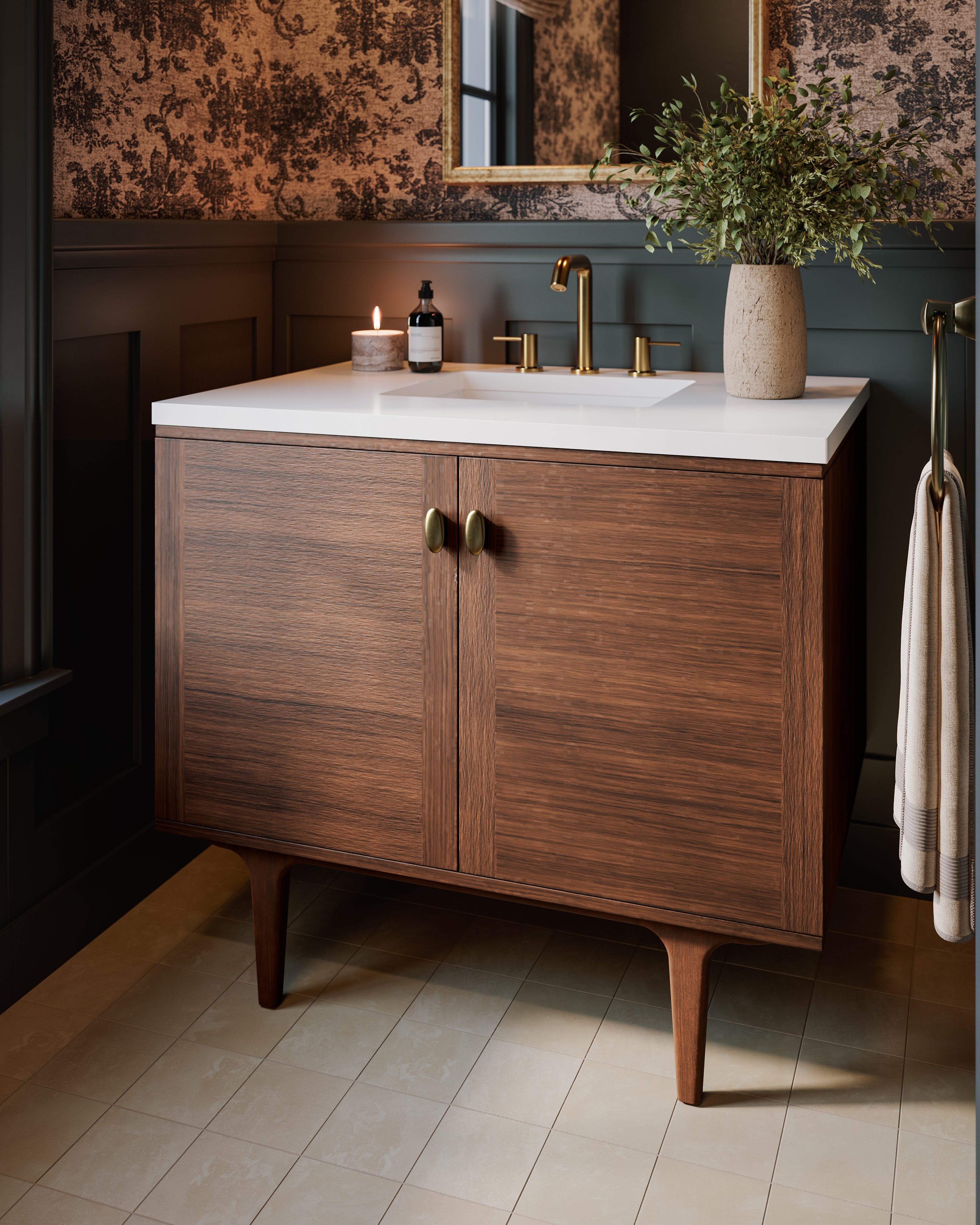 Demi 36" Single Vanity in Mid-Century Walnut with 3 cm White Zeus Quartz Top