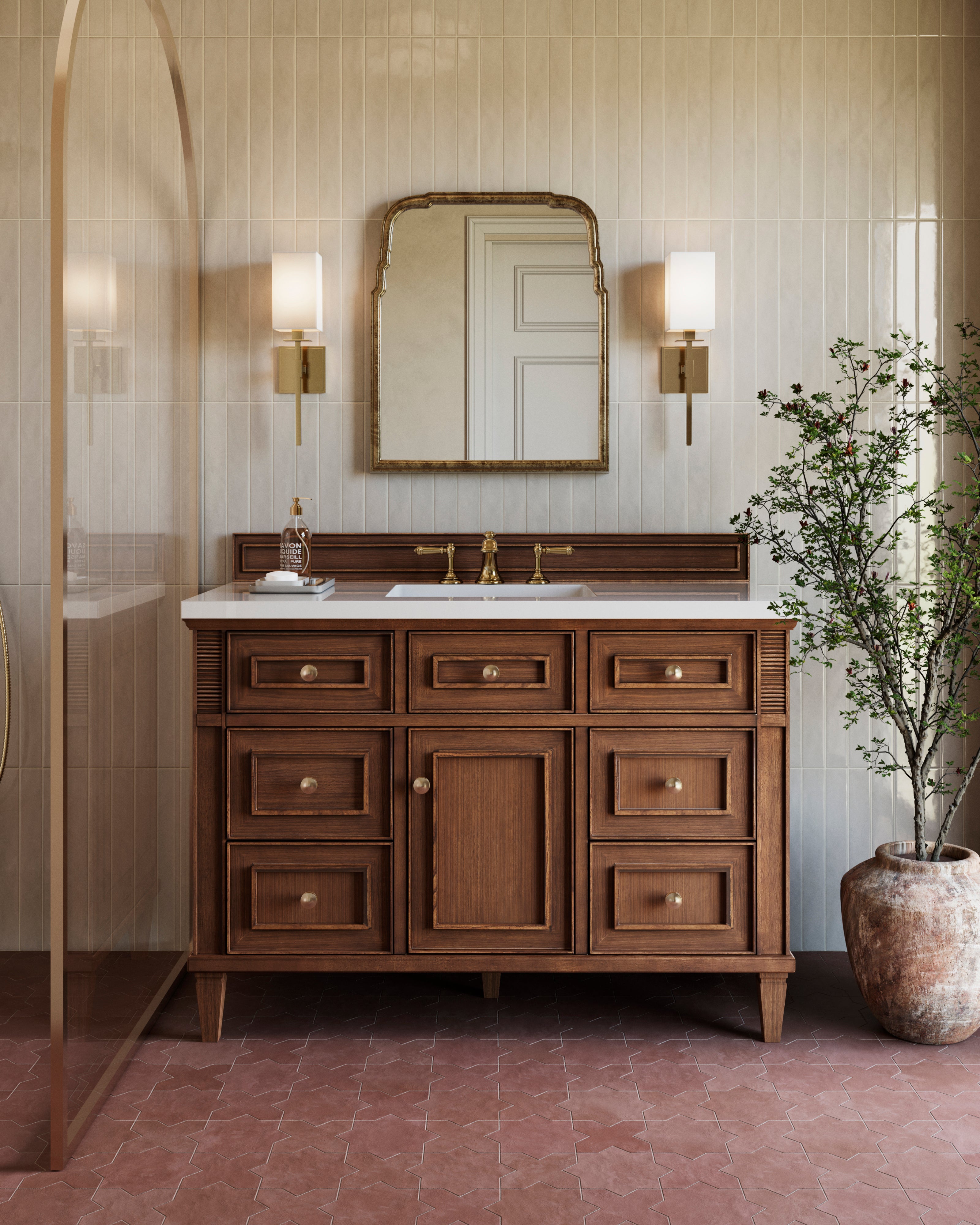 Elodie 48" Single Vanity in Mid-Century Walnut with 3 cm White Zeus Quartz Top