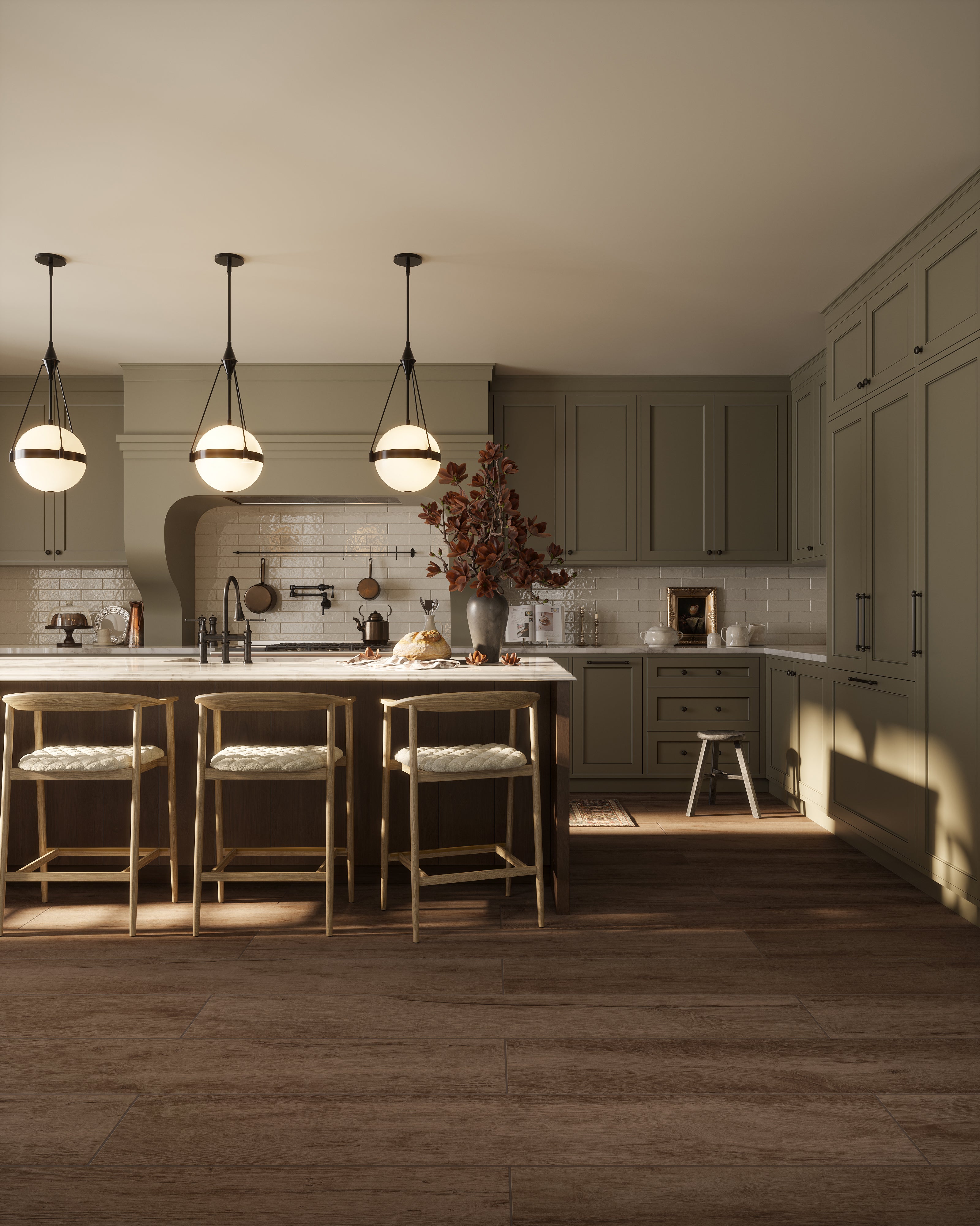 Matte porcelain wood-look 8x48 tile flooring with warm brown tones, adding natural texture and warmth to a classic kitchen interior.