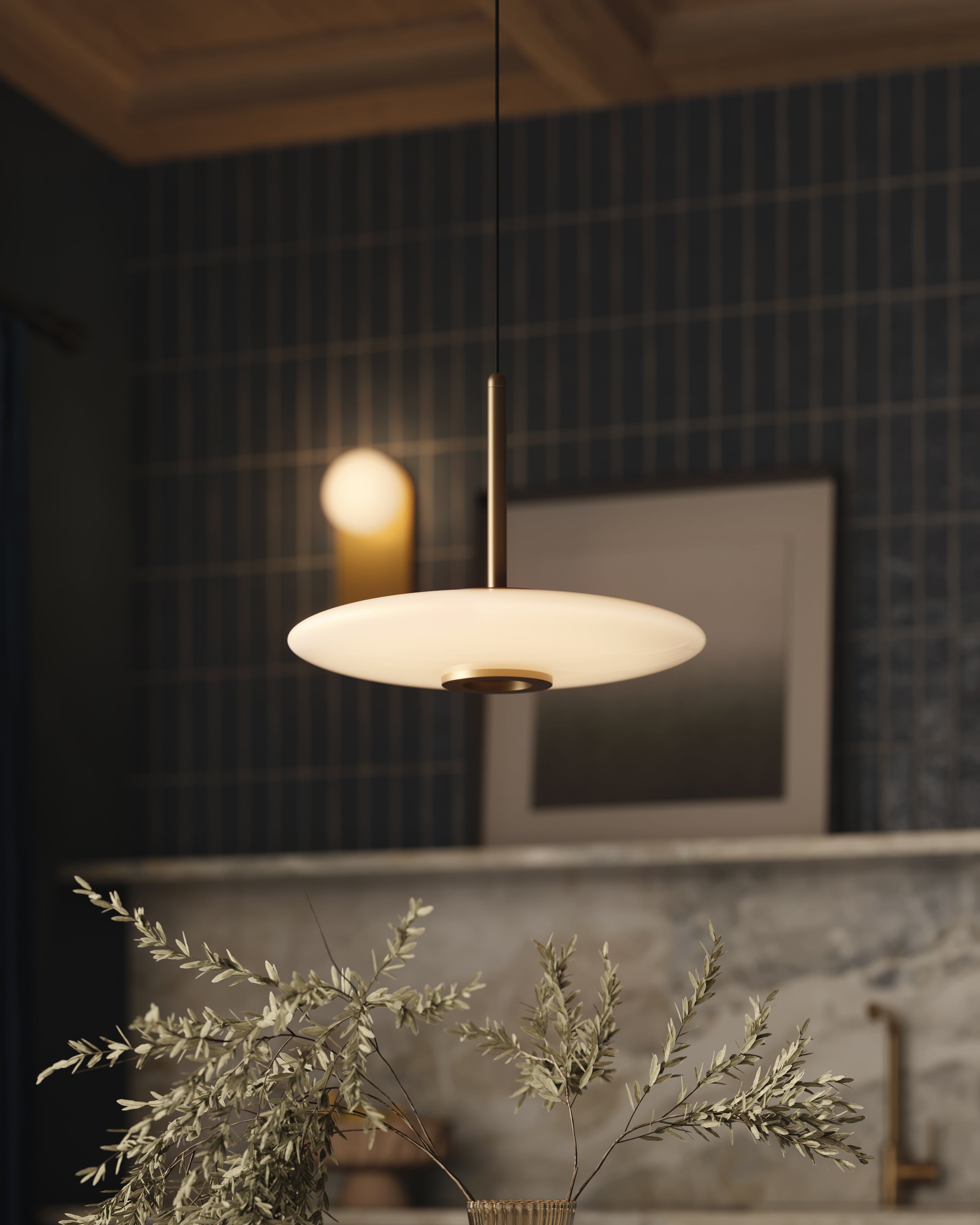 Adler 17" LED Pendant in Vintage Brass/Glossy Opal Glass, Universal Voltage