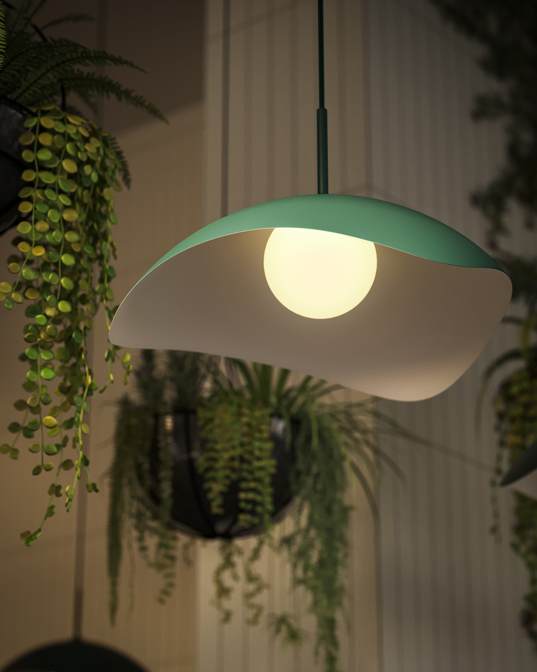 Modern green pendant light with a flowing curved shade and glowing round bulb, suspended beside cascading greenery and wall mounted planters in a relaxed indoor space.