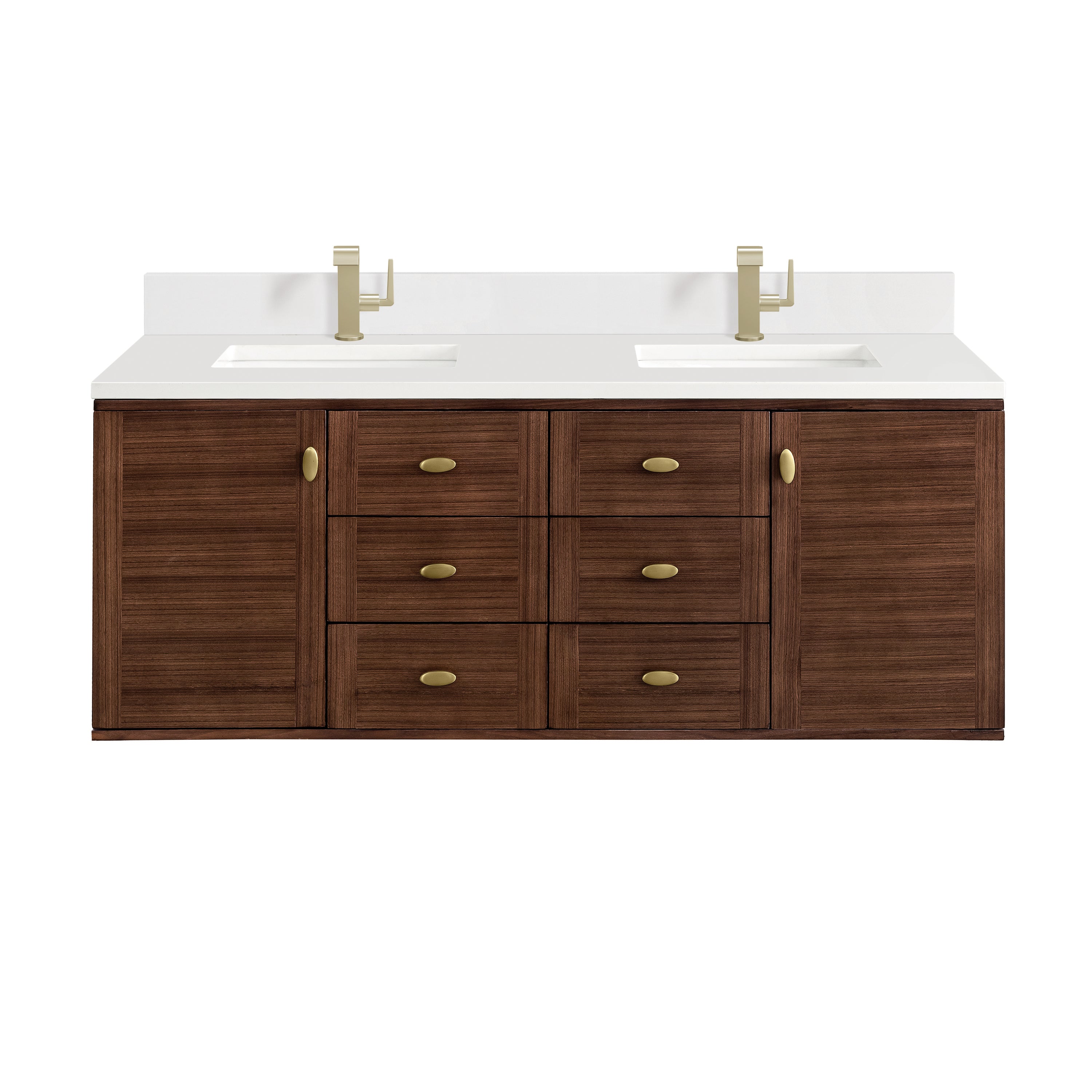 Sized at 60 inches, this Demi double vanity in mid-century walnut features textured wood cabinetry with six drawers and cabinet doors, topped with a 3 cm White Zeus quartz surface and backsplash.