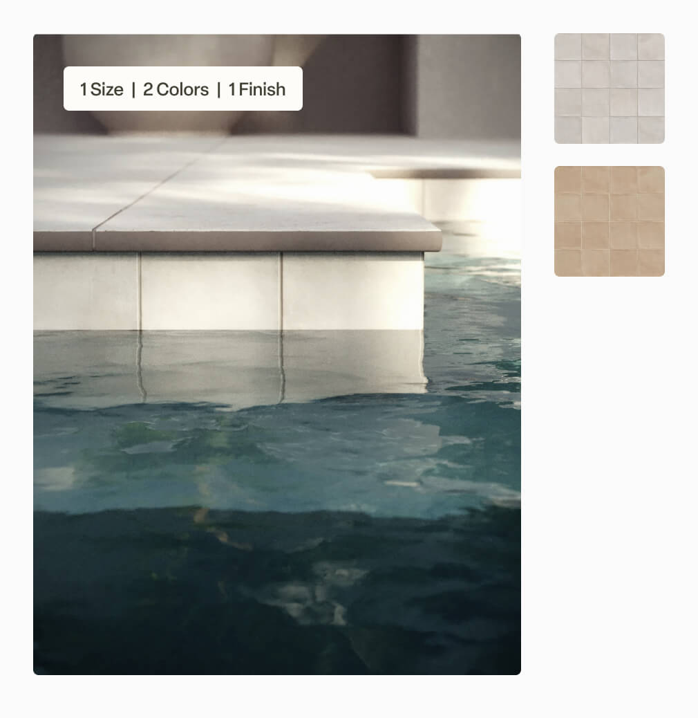 Karina tile featured as a pool waterline, adding a sophisticated accent with subtle texture along the water’s edge.