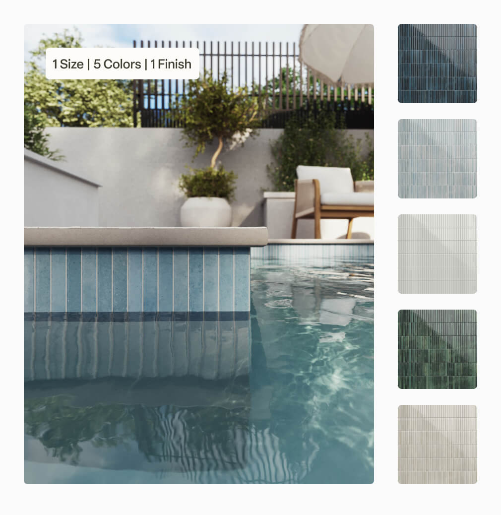 Miley porcelain tile in Ice used as a pool waterline, adding a cool, refined accent to the pool’s edge.