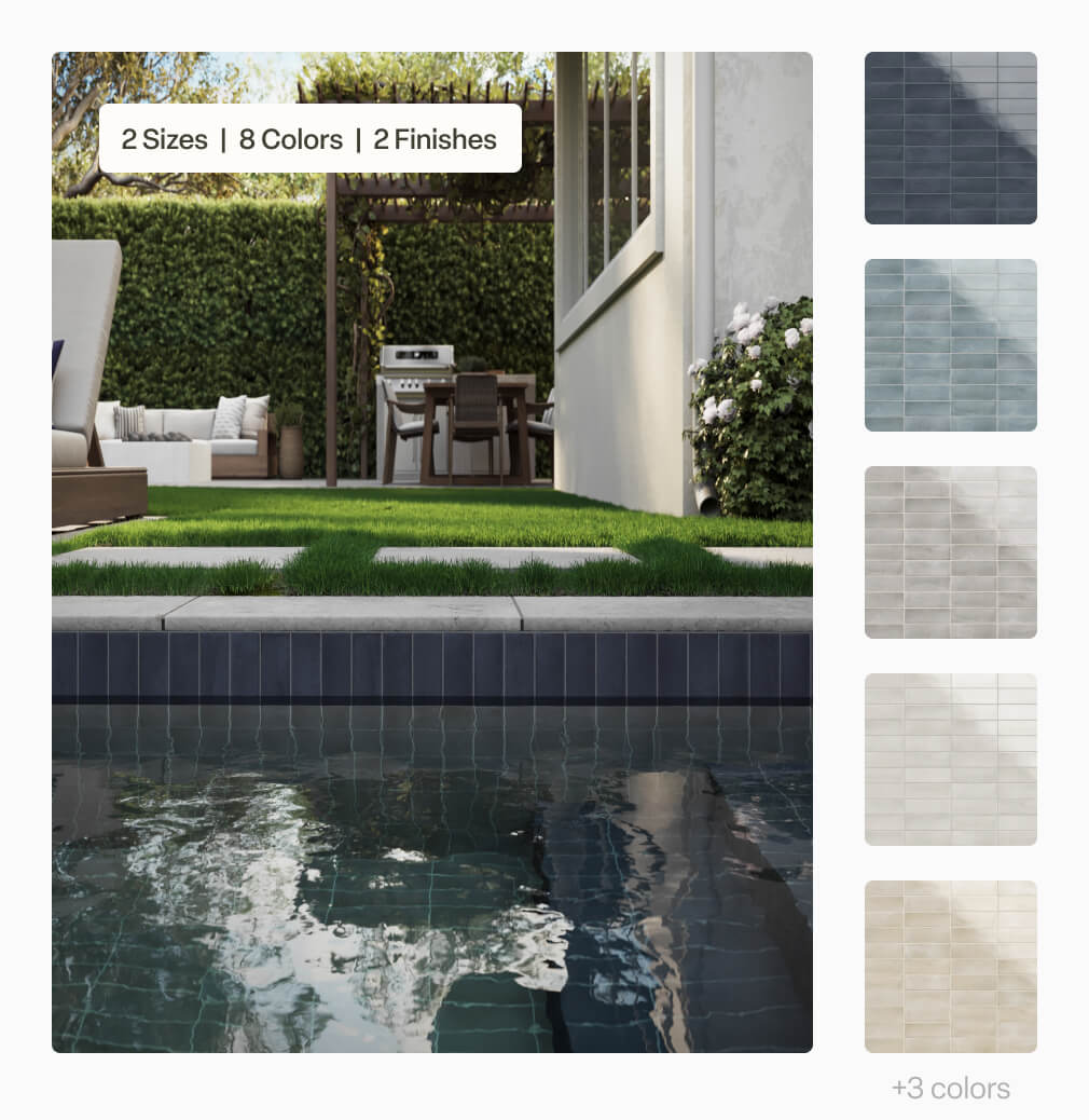 Natasha tile featured as a pool waterline, offering a sleek, polished edge that elevates the pool’s visual appeal.