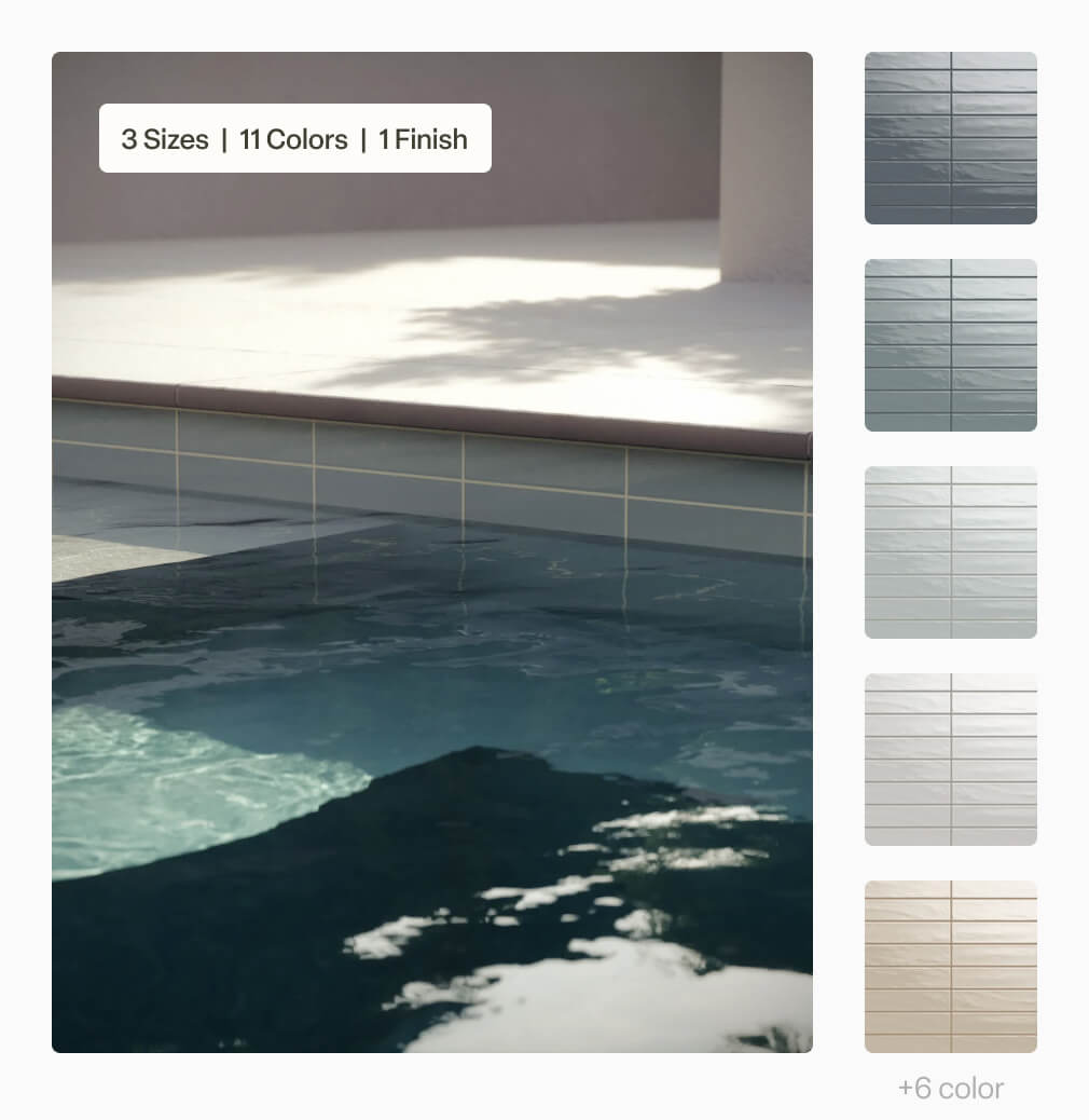 Palmer tile used as a pool waterline, delivering a clean, contemporary edge that complements the water’s serene surface.