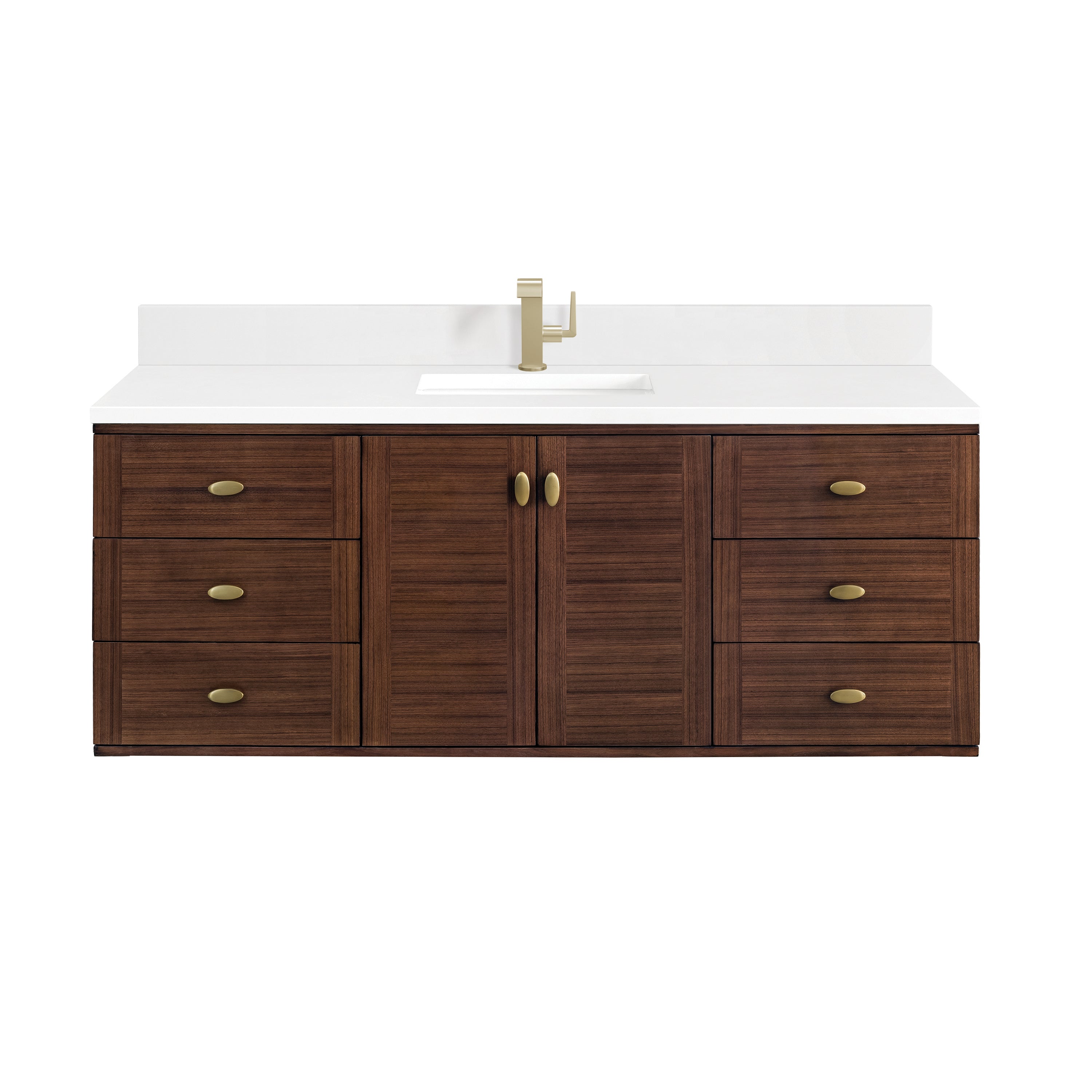 Demi 60" Single Vanity in Mid-Century Walnut with Single Hole 3 cm White Zeus Quartz Top & Backsplash