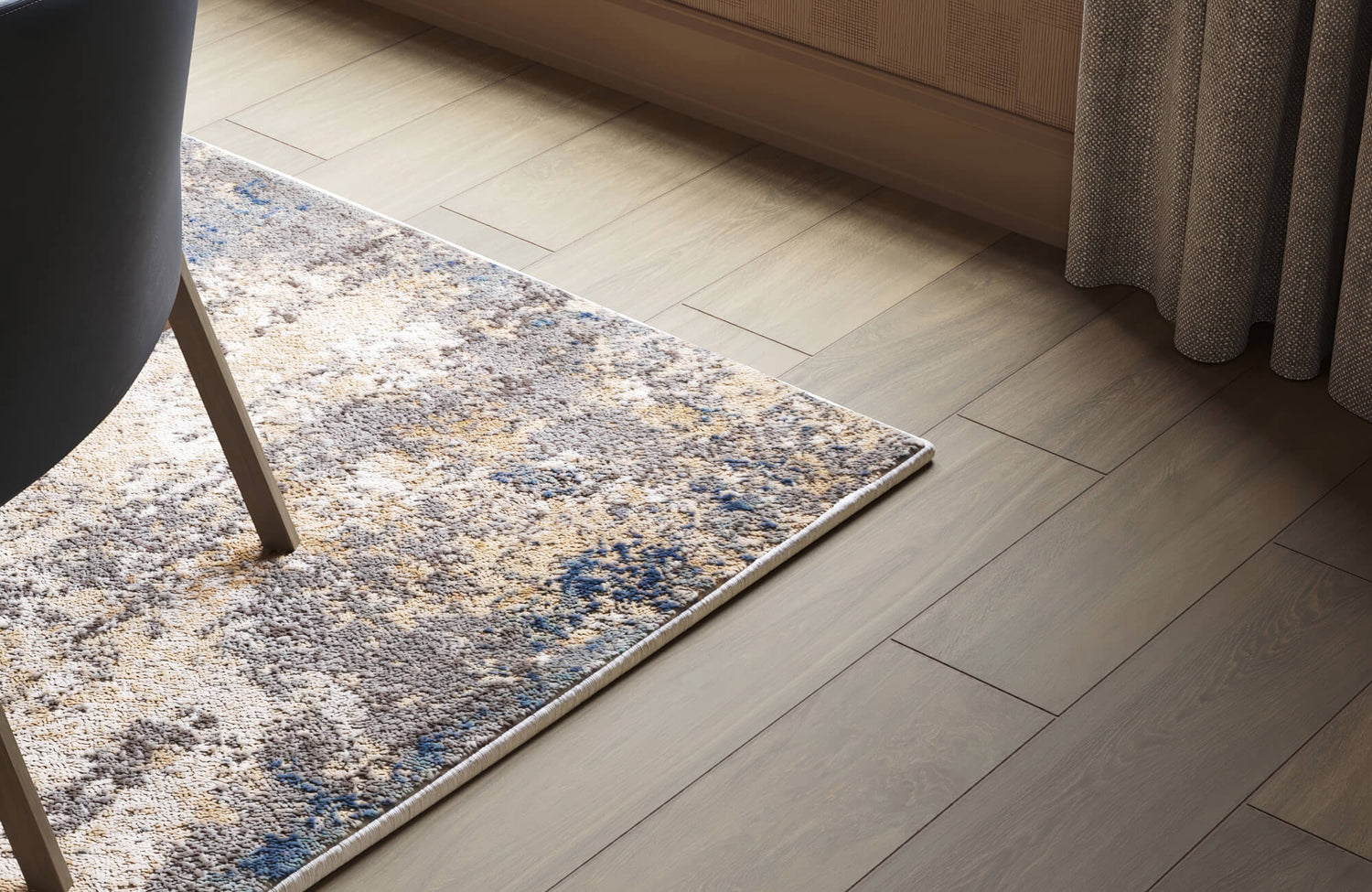 Light beige wood look tiles with soft oak grain and warm sand undertones beside a neutral patterned rug, highlighting durability and pet-friendly flooring choice.