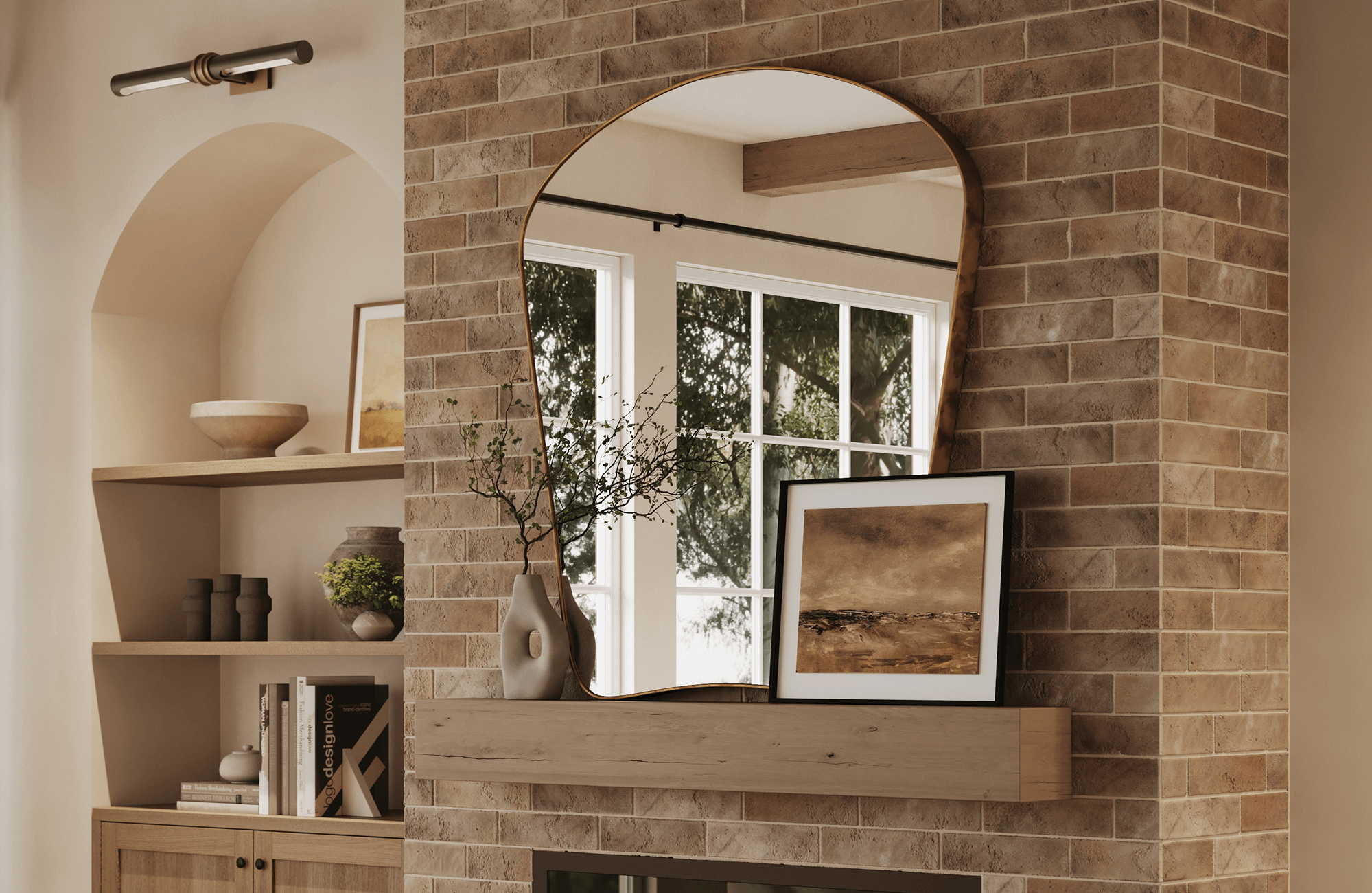 Earth-toned brick look tile fireplace with a natural wood mantel brings rustic warmth to this refined, artful living space.