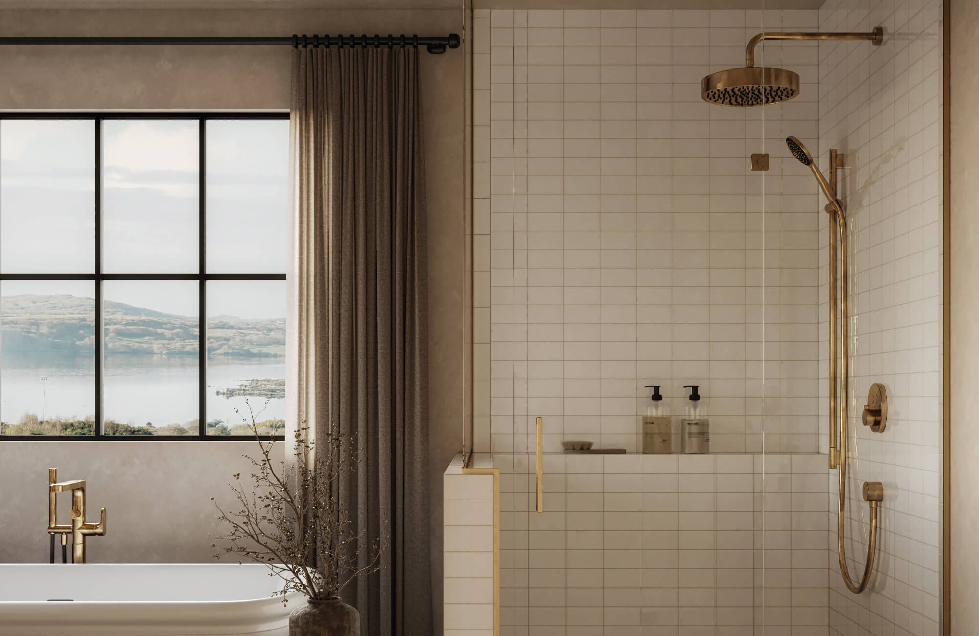 Bathroom featuring square white ceramic shower tiles, gold shower fixtures, freestanding tub with gold faucet, and large window with lake view