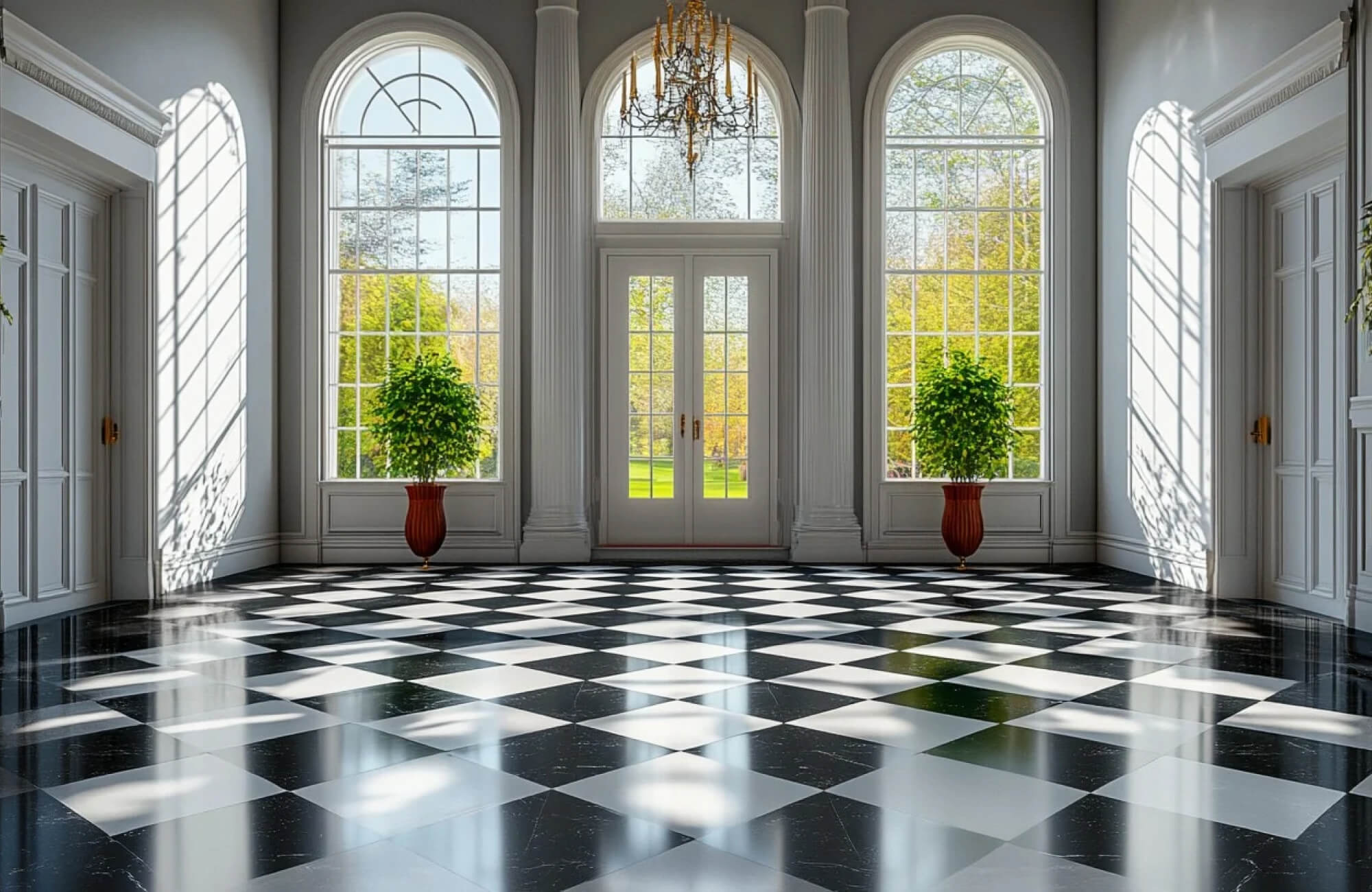 Grand entry hall featuring a polished black and white checkerboard marble floor, framed by tall arched windows, white columns, and a classic chandelier.